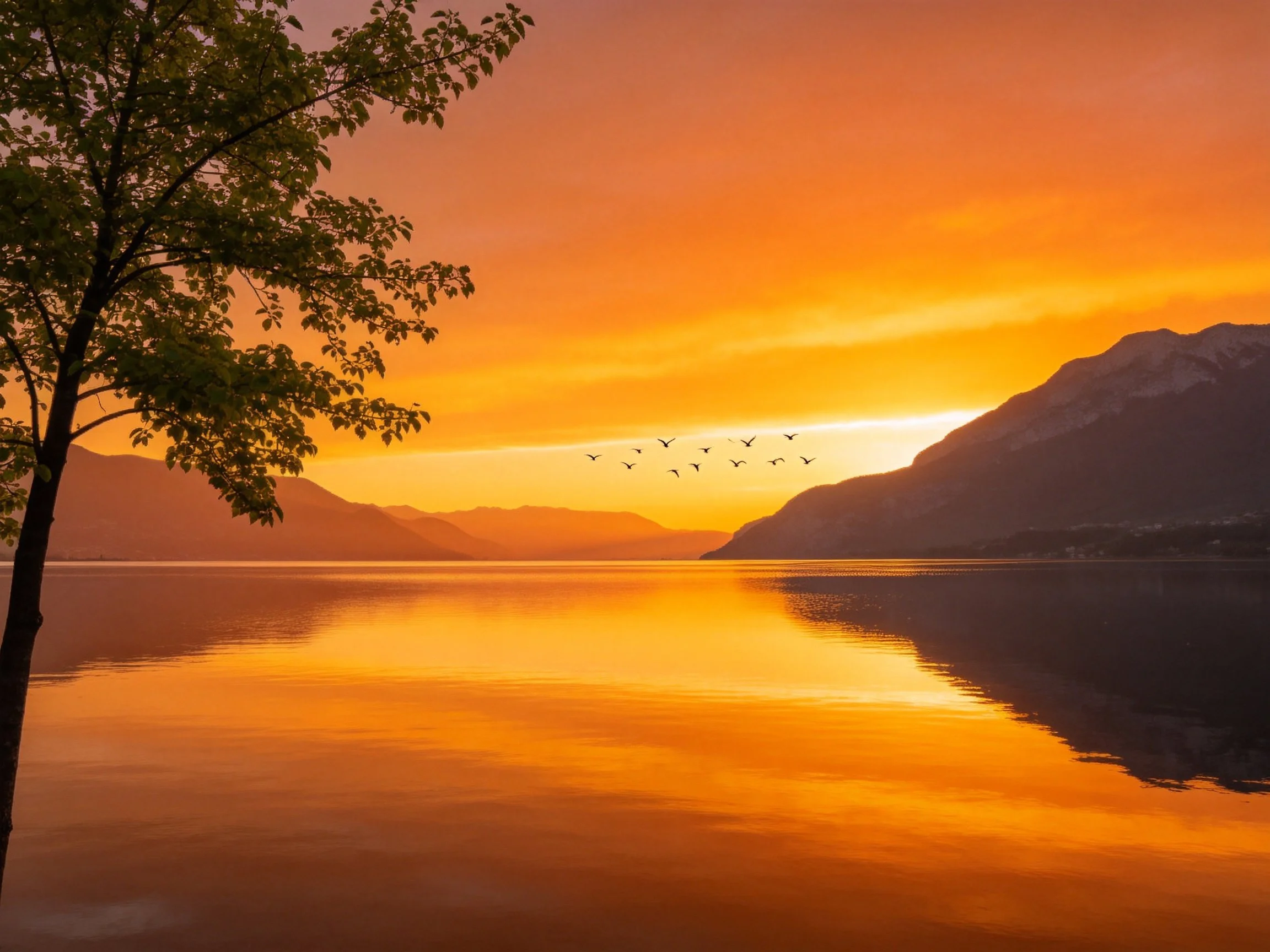 Vibrant Sunset Over Calm Lake With Mountain Silhouettes