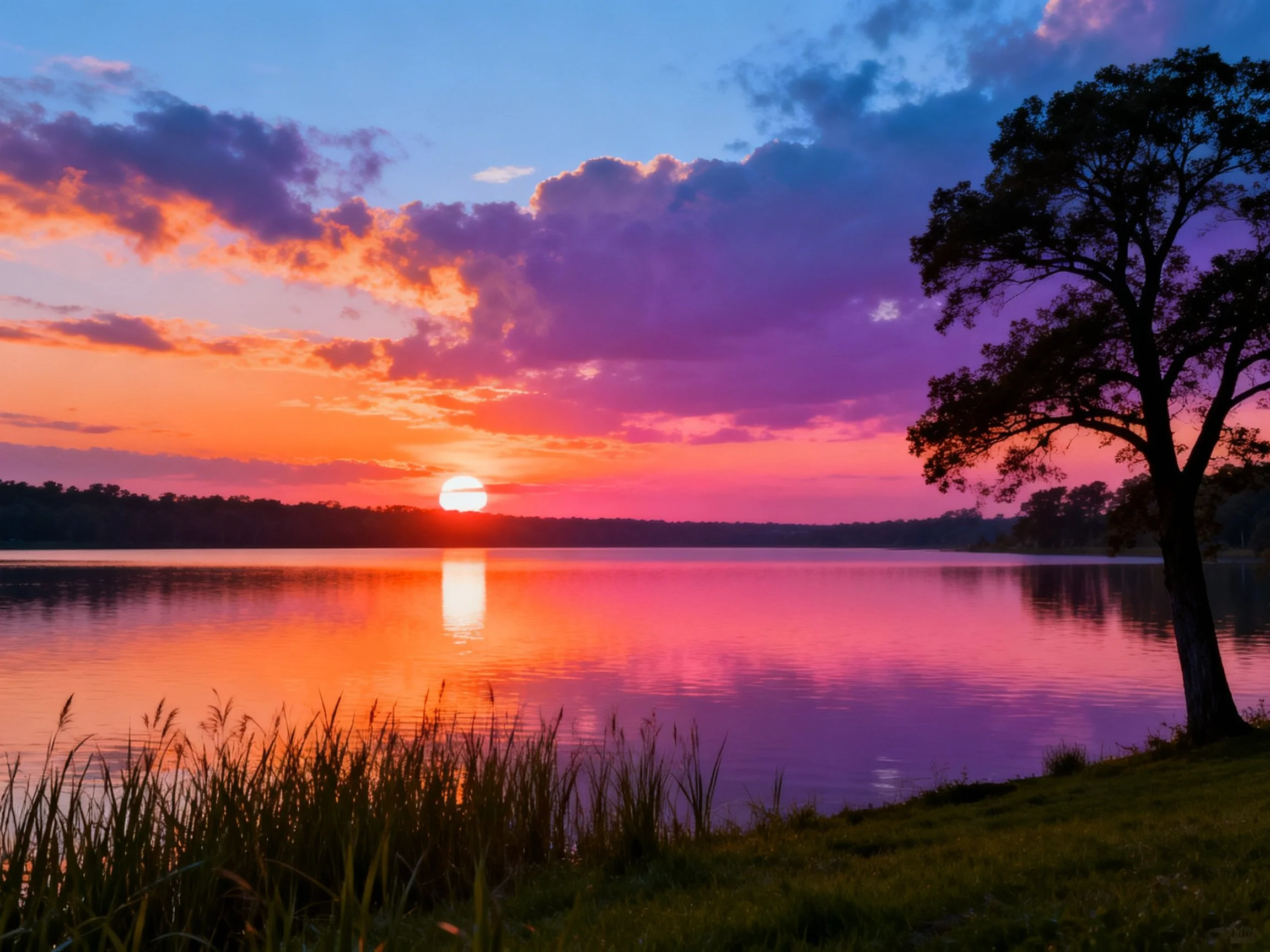 Vibrant Sunset Over Calm Lake With Silhouetted Tree