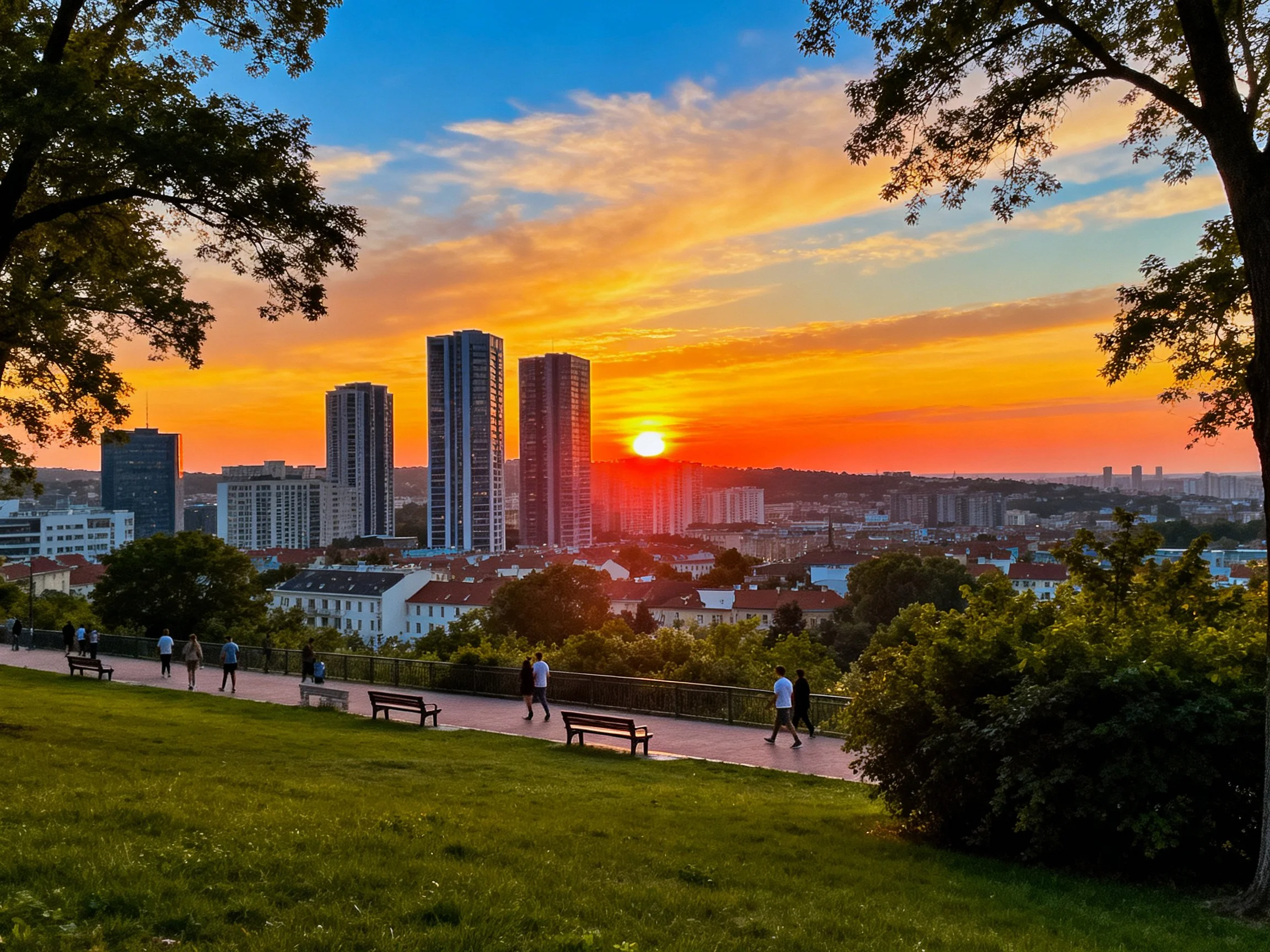 Vibrant Sunset Over Cityscape with Green Park and Pedestrians