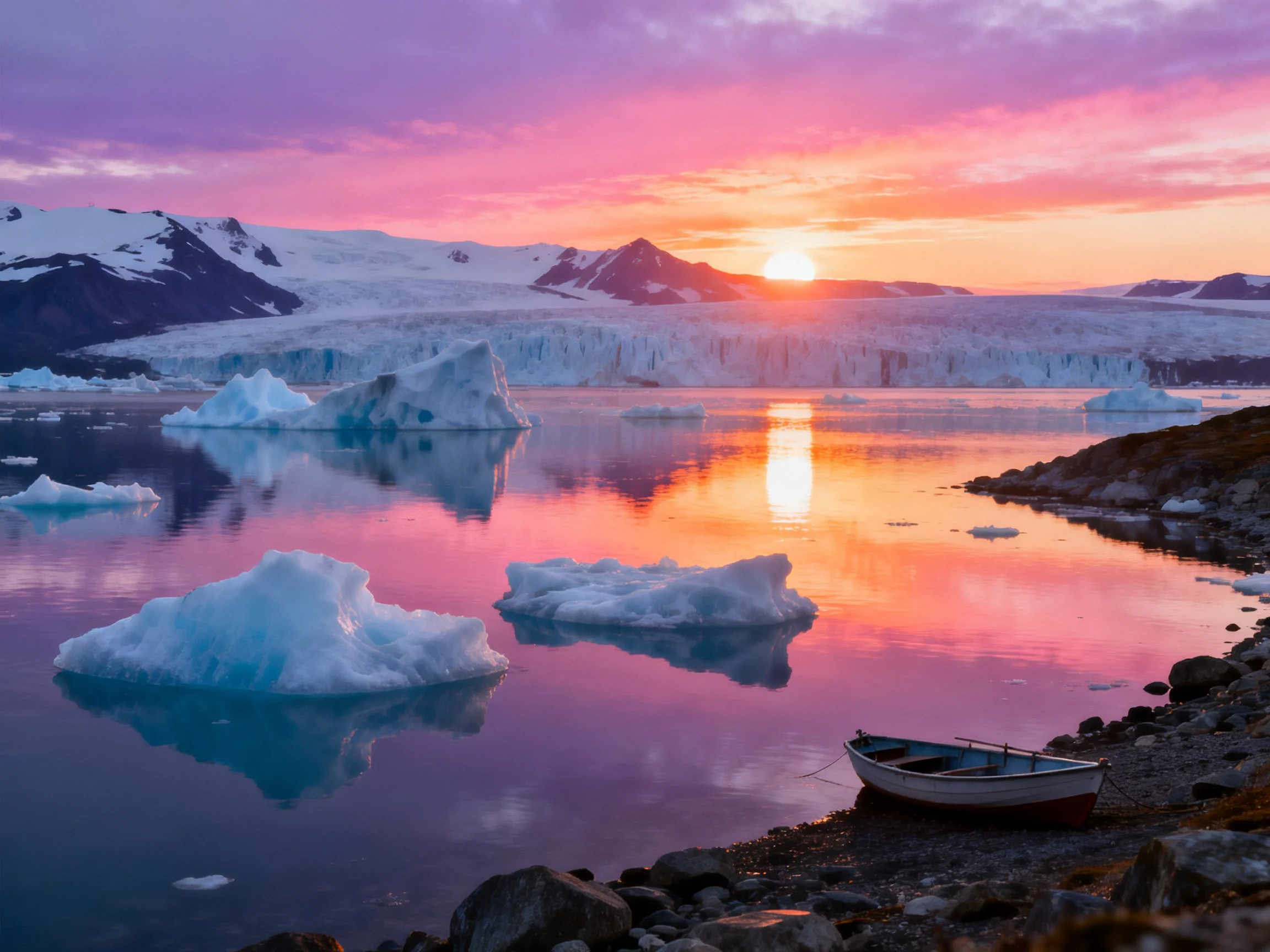 Vibrant Sunset Over Icy Waters With Floating Icebergs