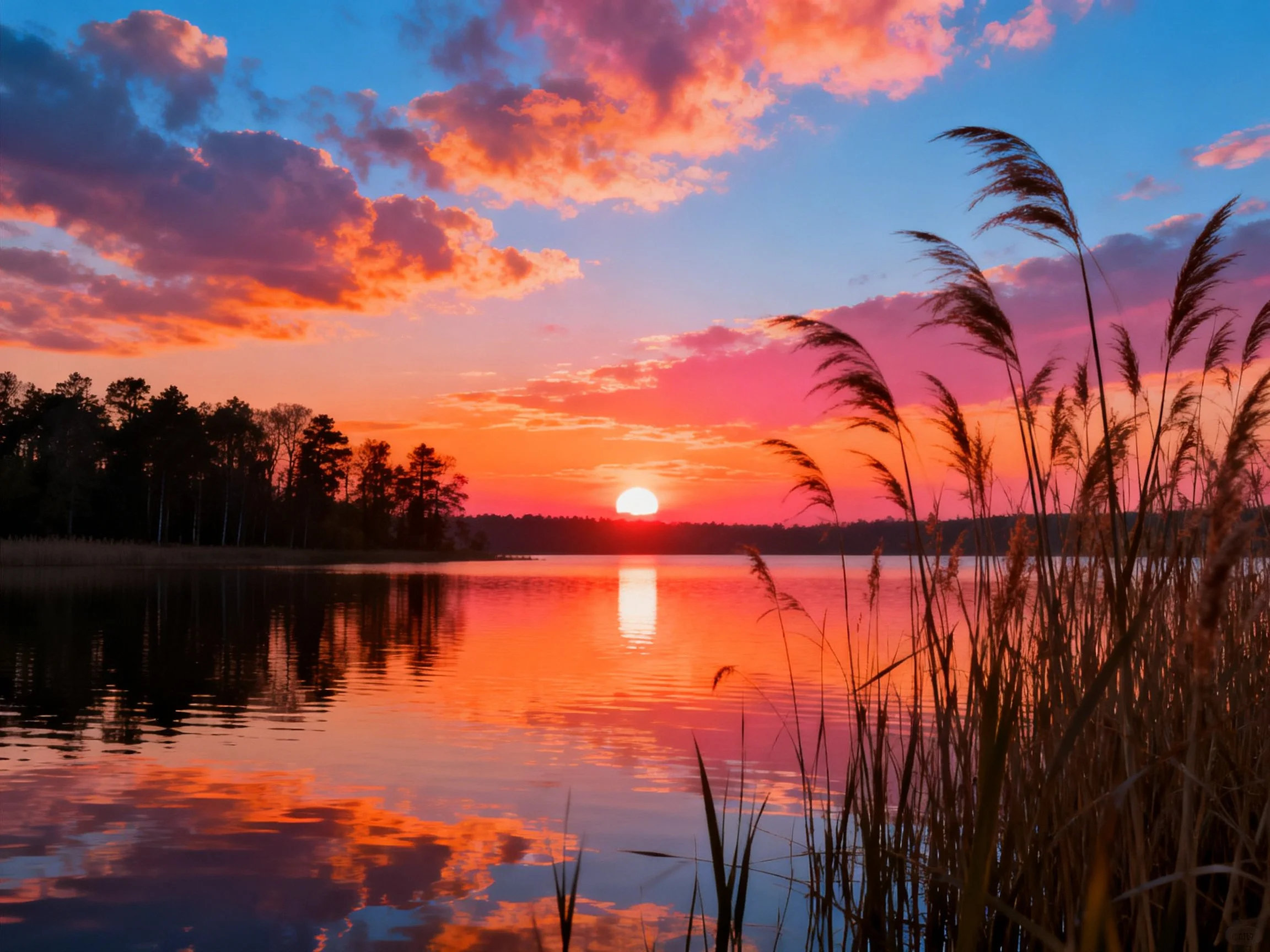 Vibrant Sunset Over Lake Reflecting Sky Colors