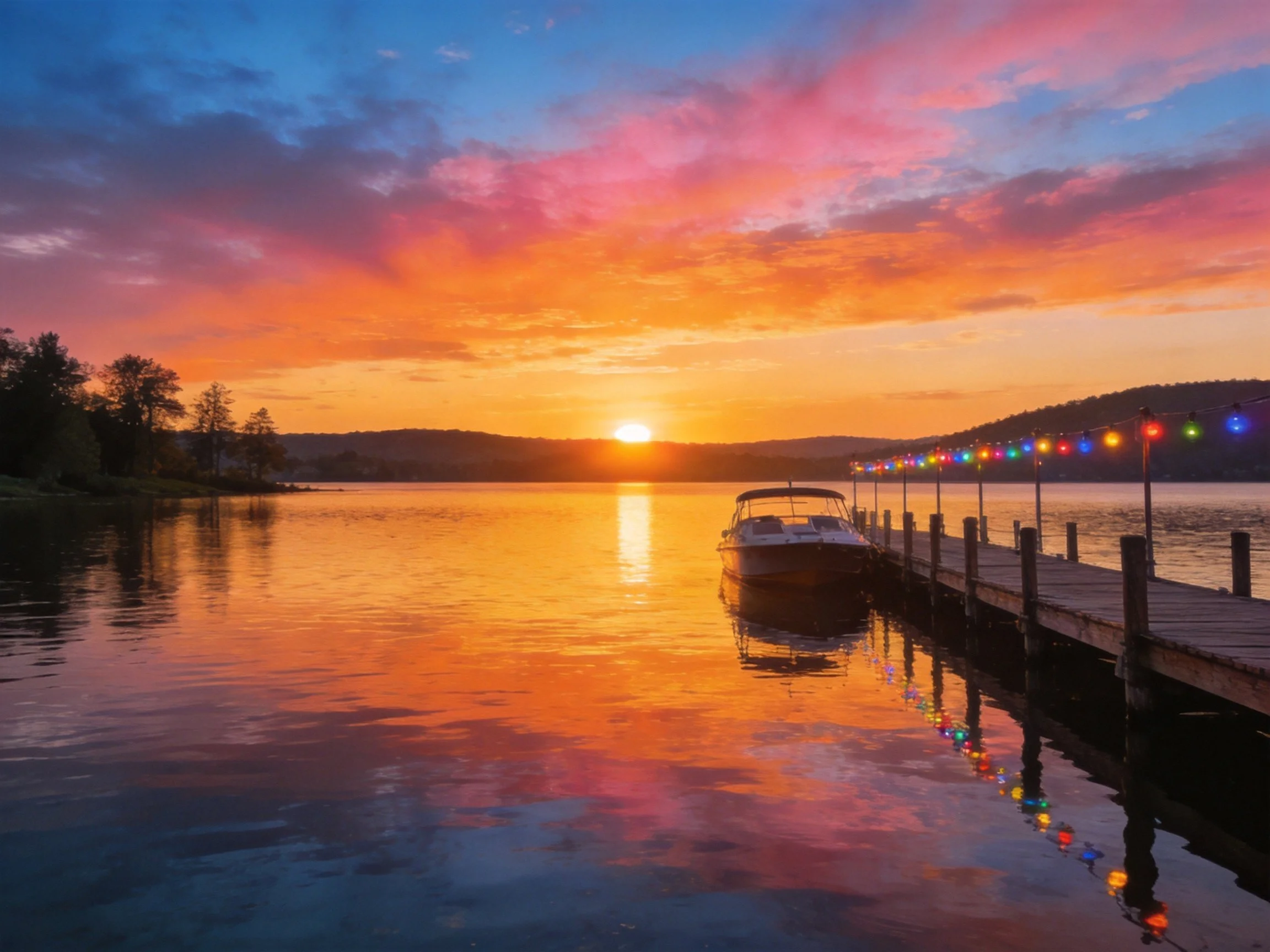 Vibrant Sunset Over Lake With Docked Boat and Colorful Lights