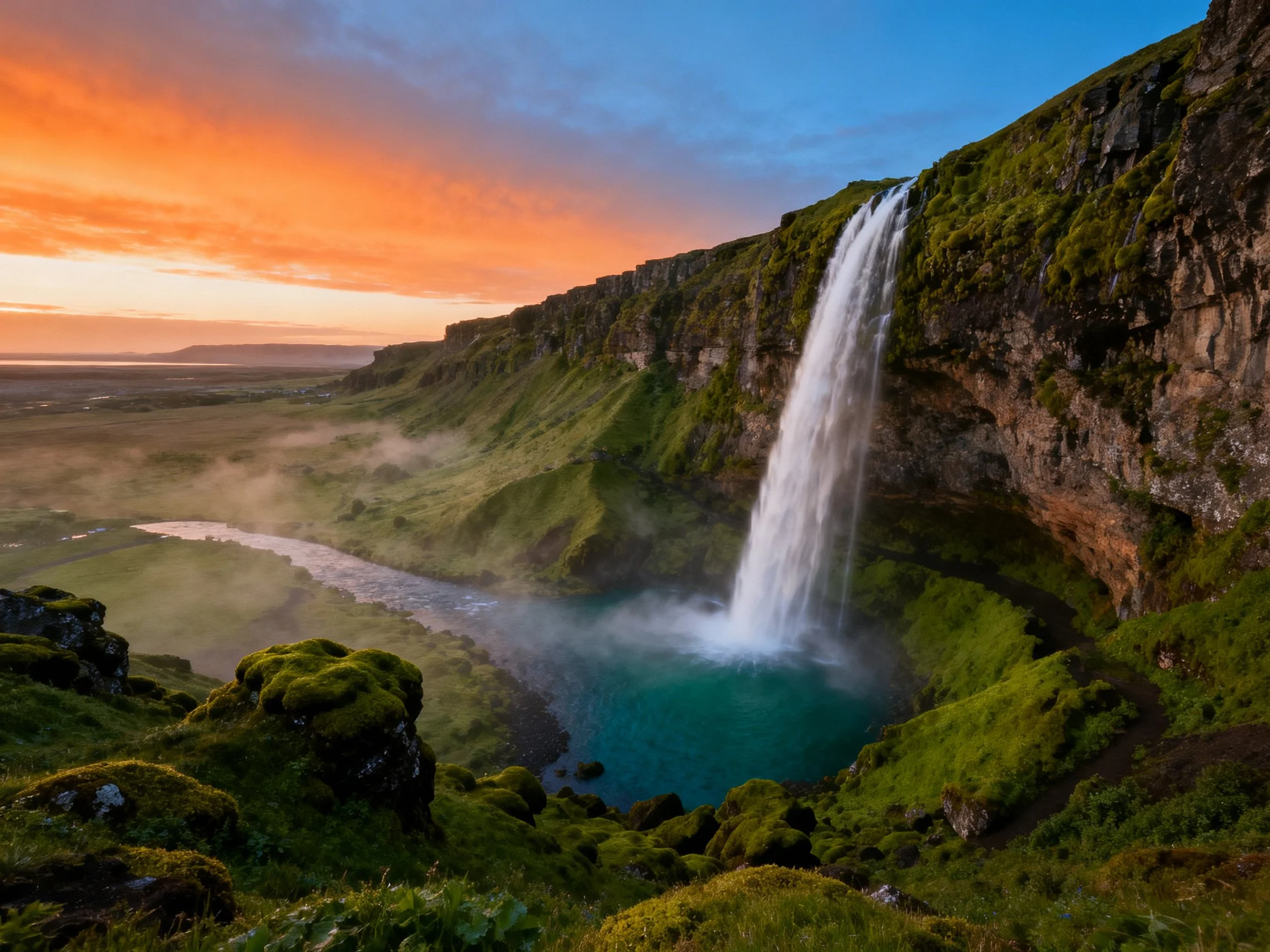Vibrant Sunset Over Moss-Covered Waterfall and Turquoise Pool