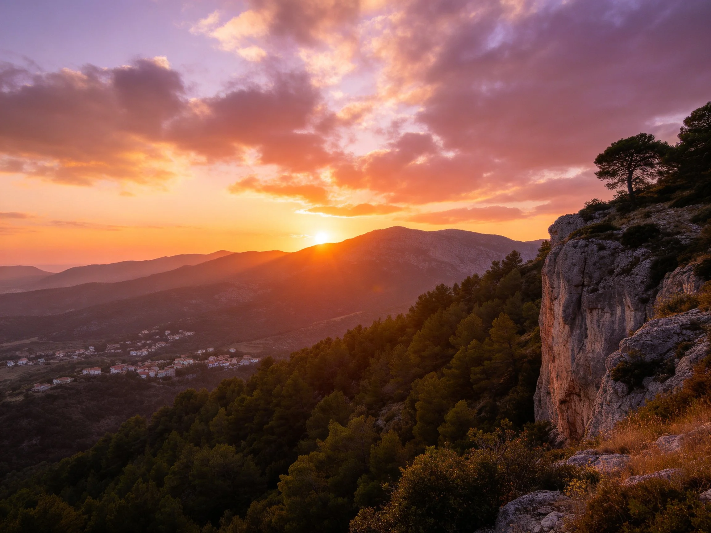 Vibrant Sunset Over Rocky Cliffs and Forested Mountains