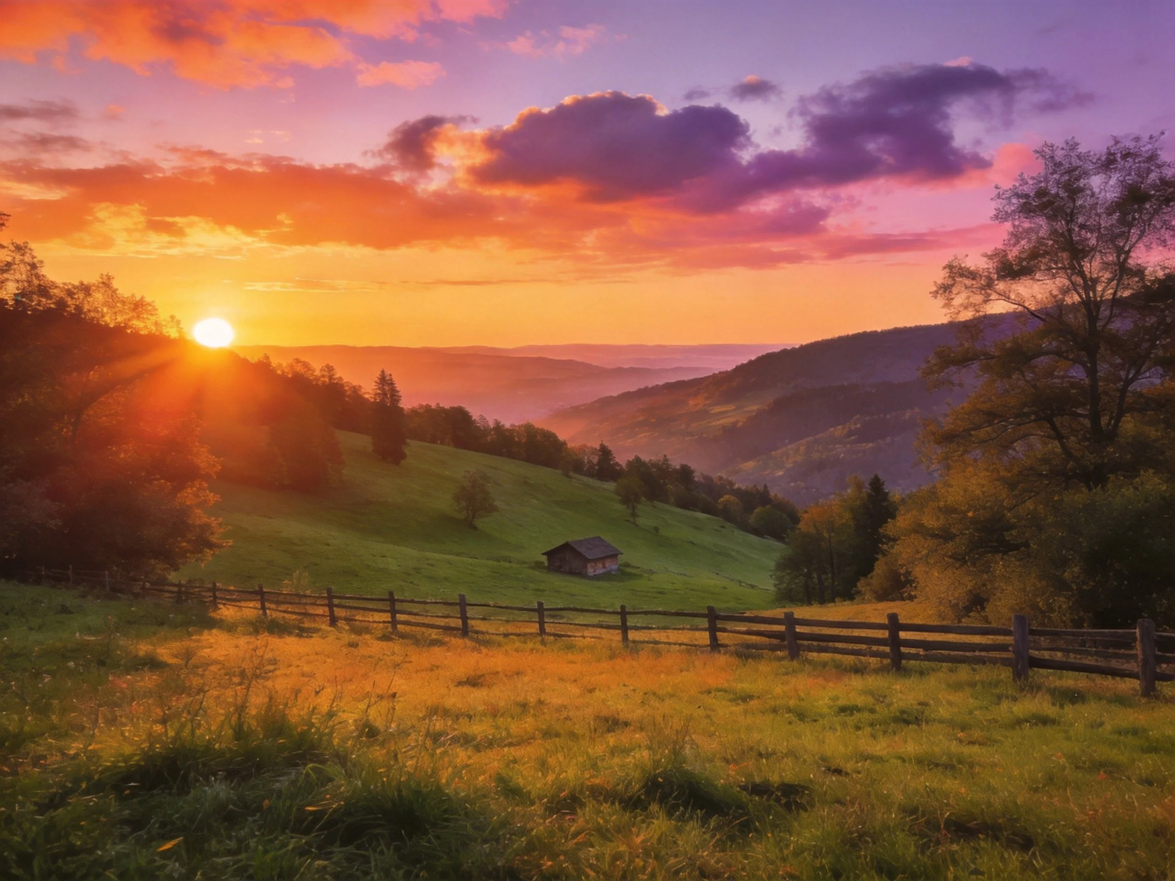 Vibrant Sunset Over Rolling Hills and Lush Meadow