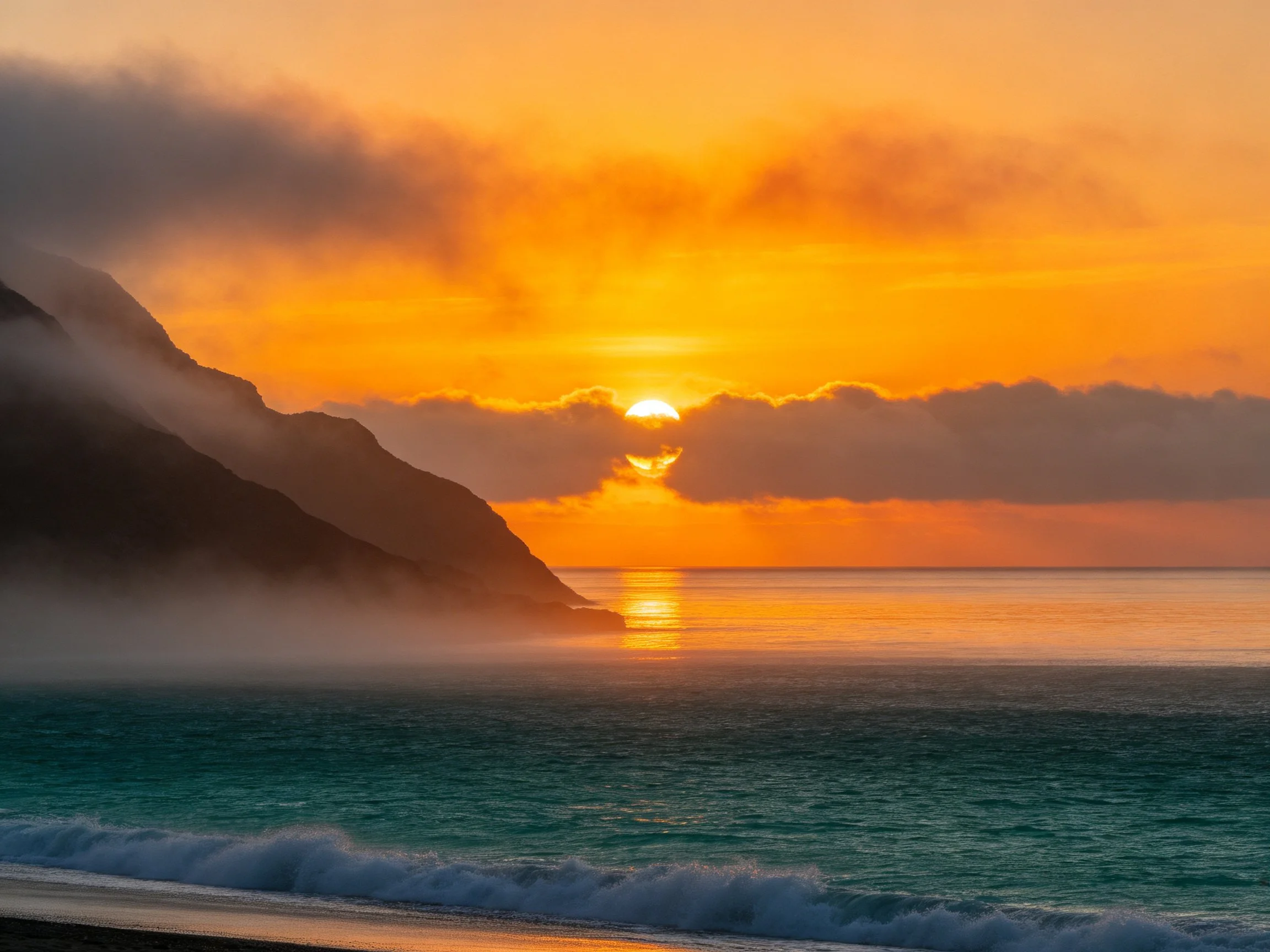 Vibrant Sunset Over Turquoise Ocean With Mist-Covered Mountains
