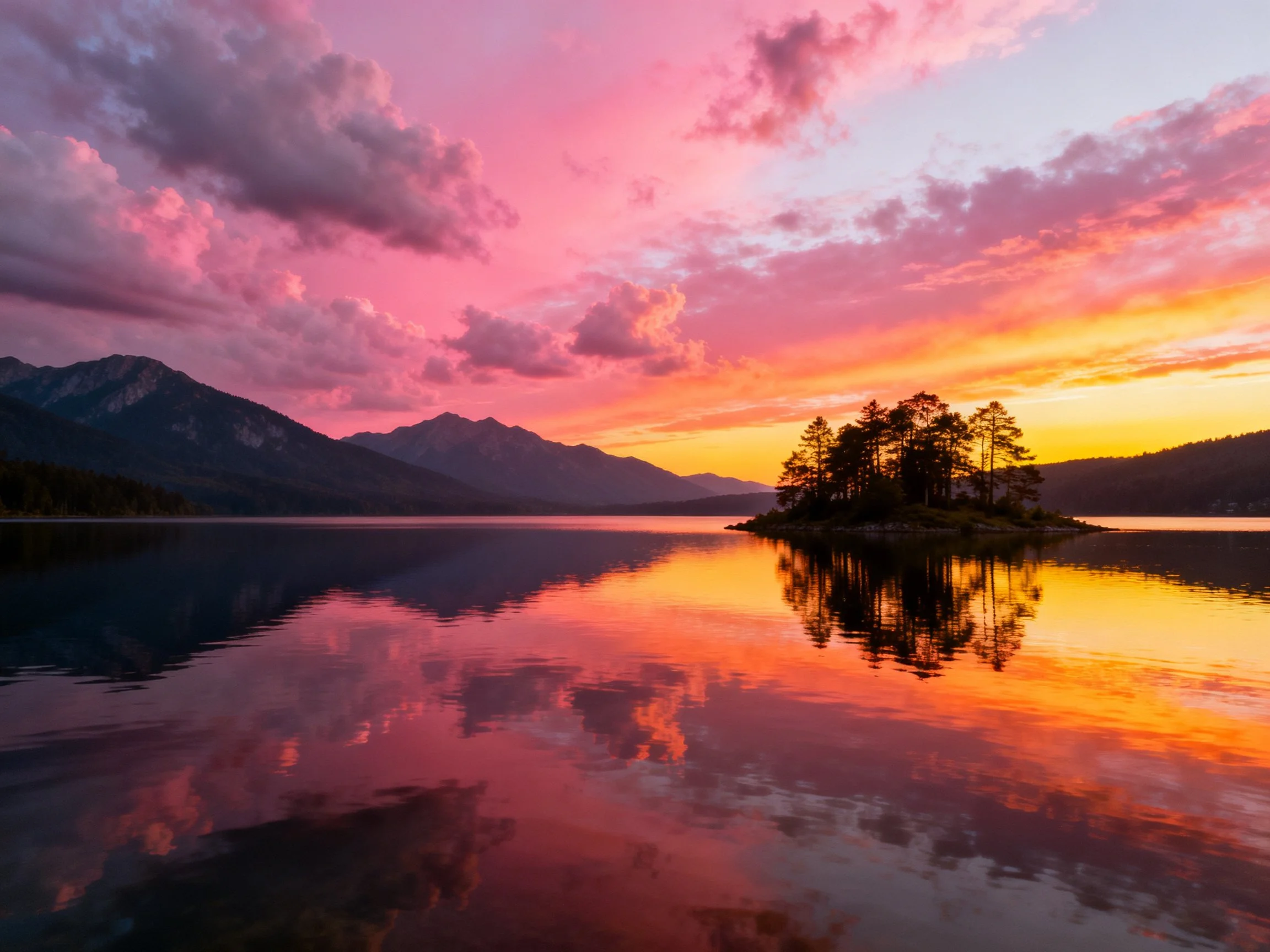 Vibrant Sunset Reflects on Tranquil Lake with Forested Island