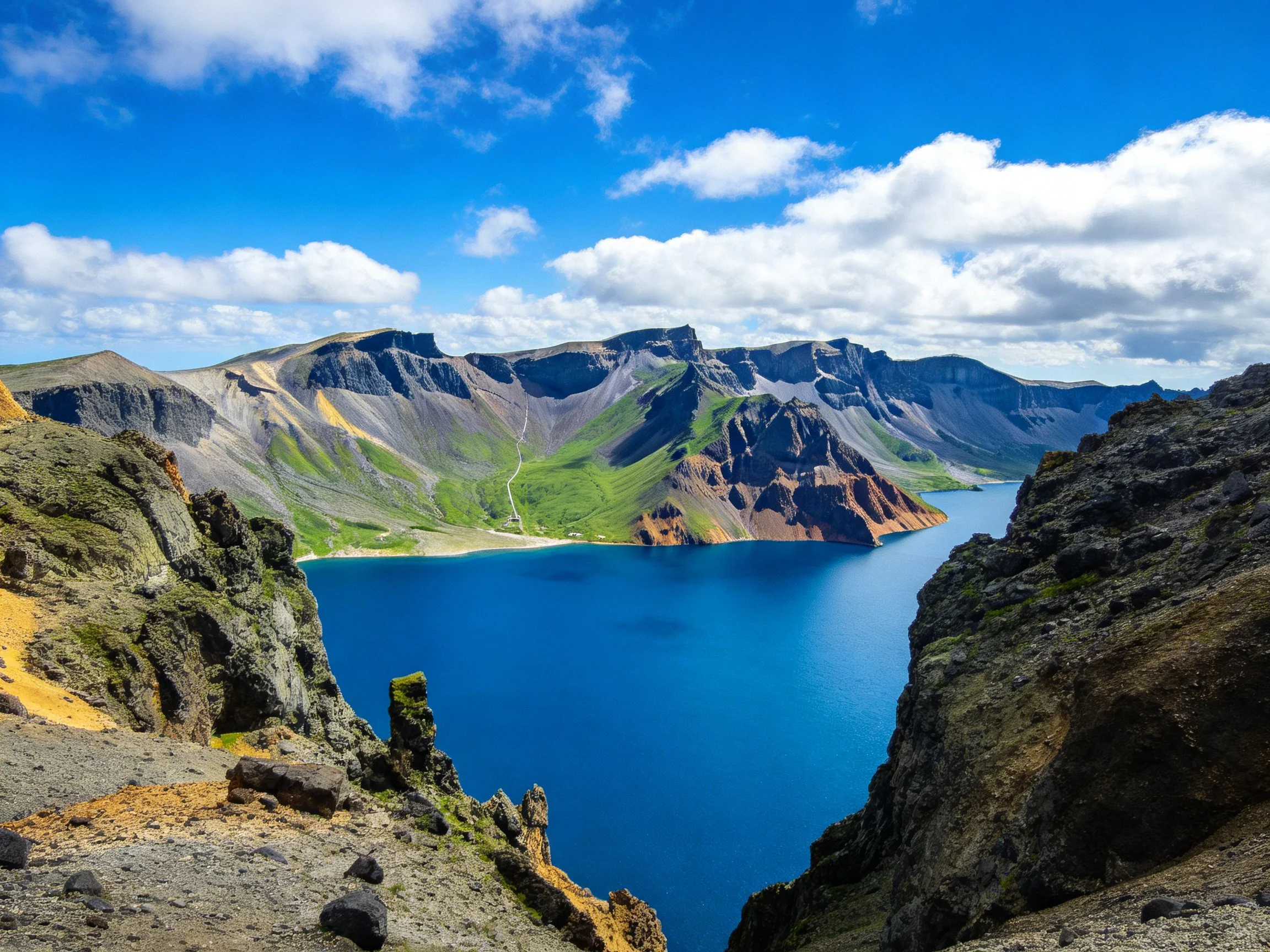 Vibrant Volcanic Crater Lake Surrounded by Multicolored Mountain Peaks