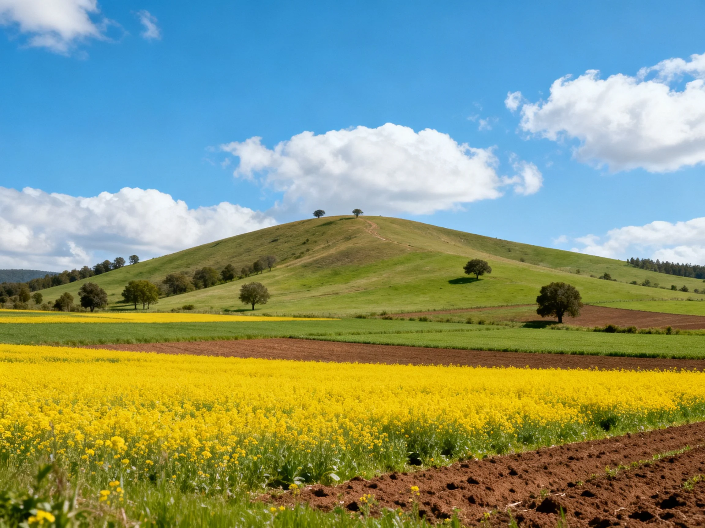 Vibrant Yellow Fields Near Rolling Green Hills Under Blue Sky