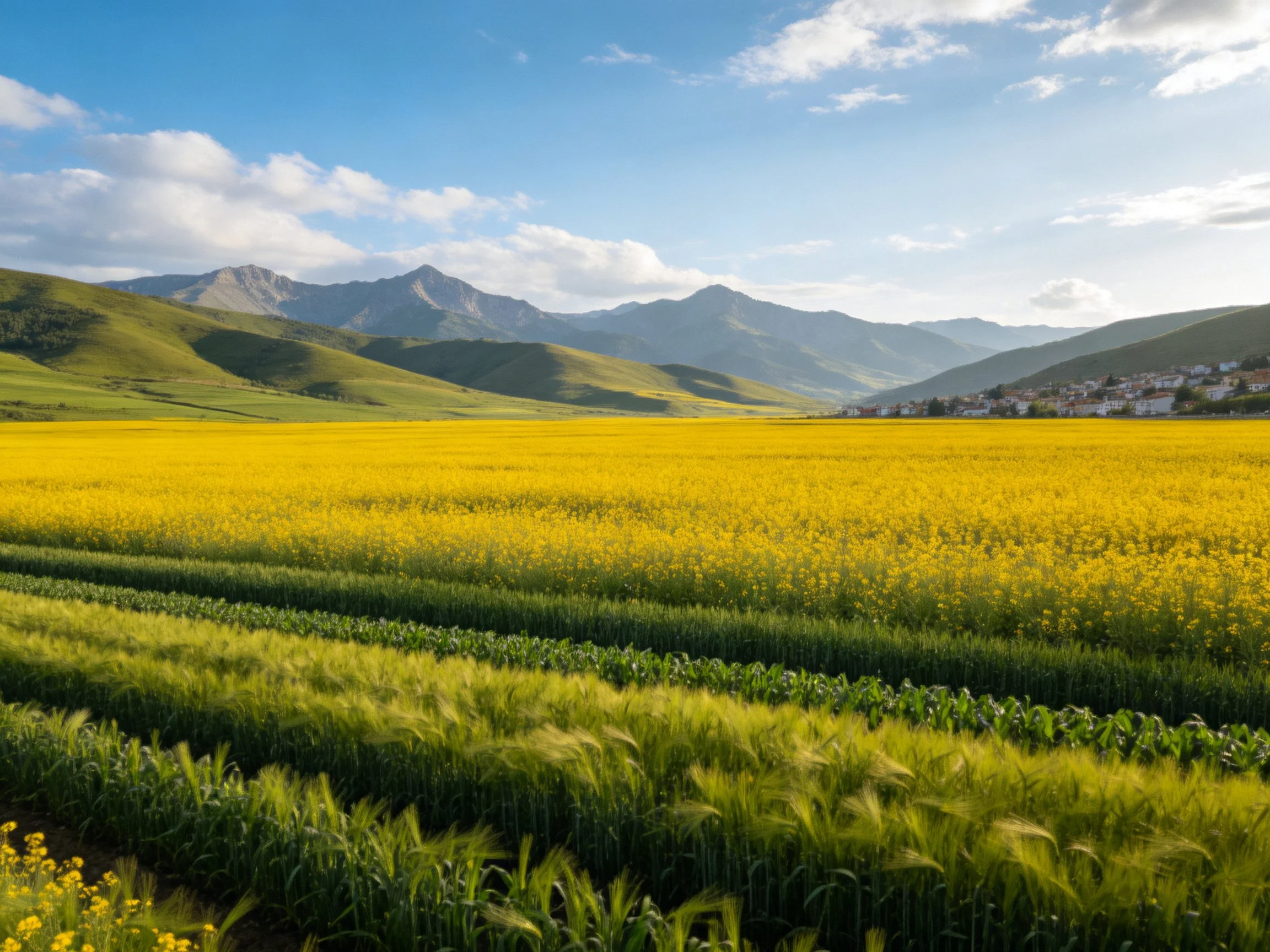 Vibrant Yellow Fields Near Rolling Green Hills and Distant Mountains