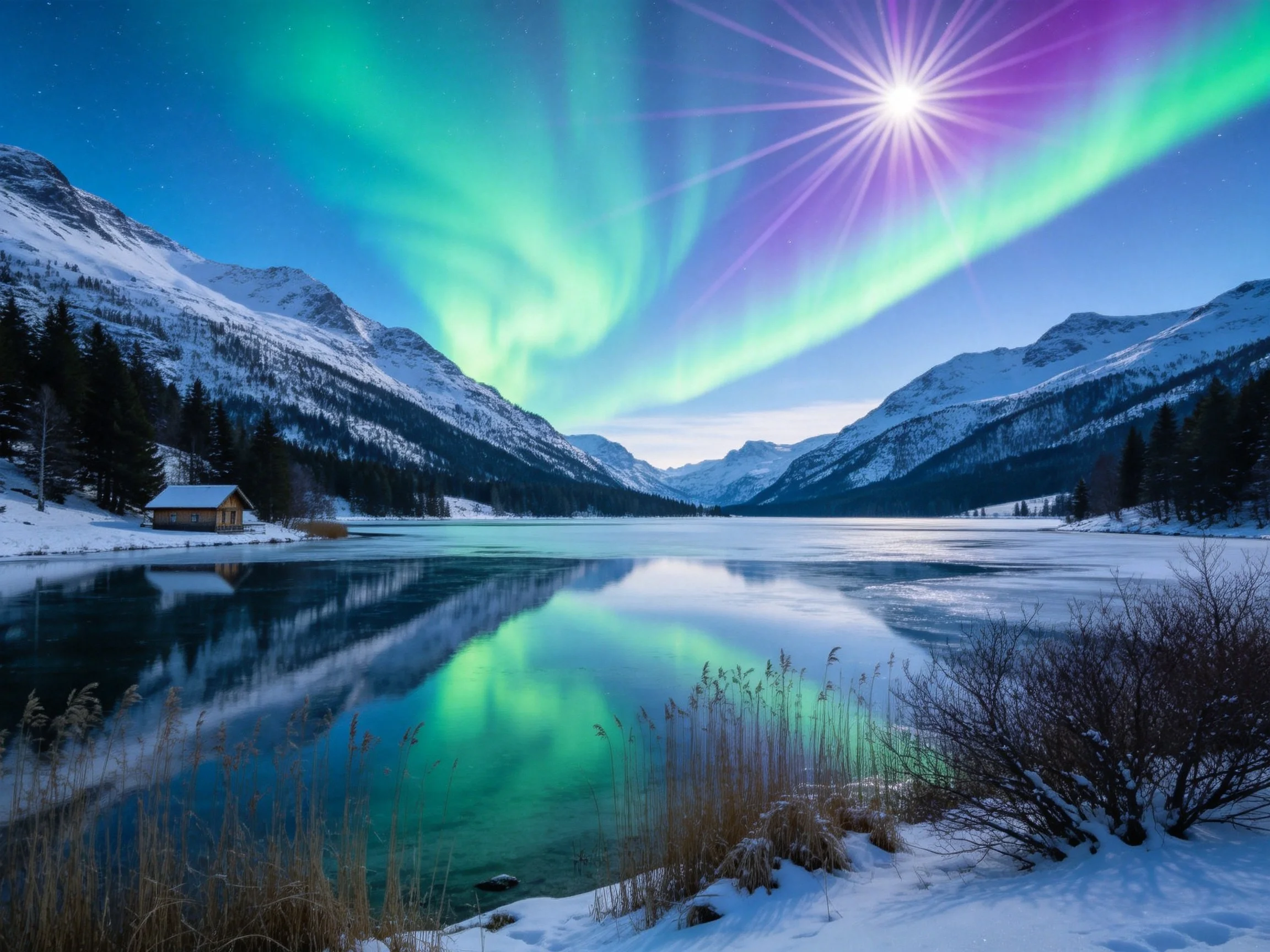 Vibrant aurora illuminates snow-capped mountain landscape with frozen lake