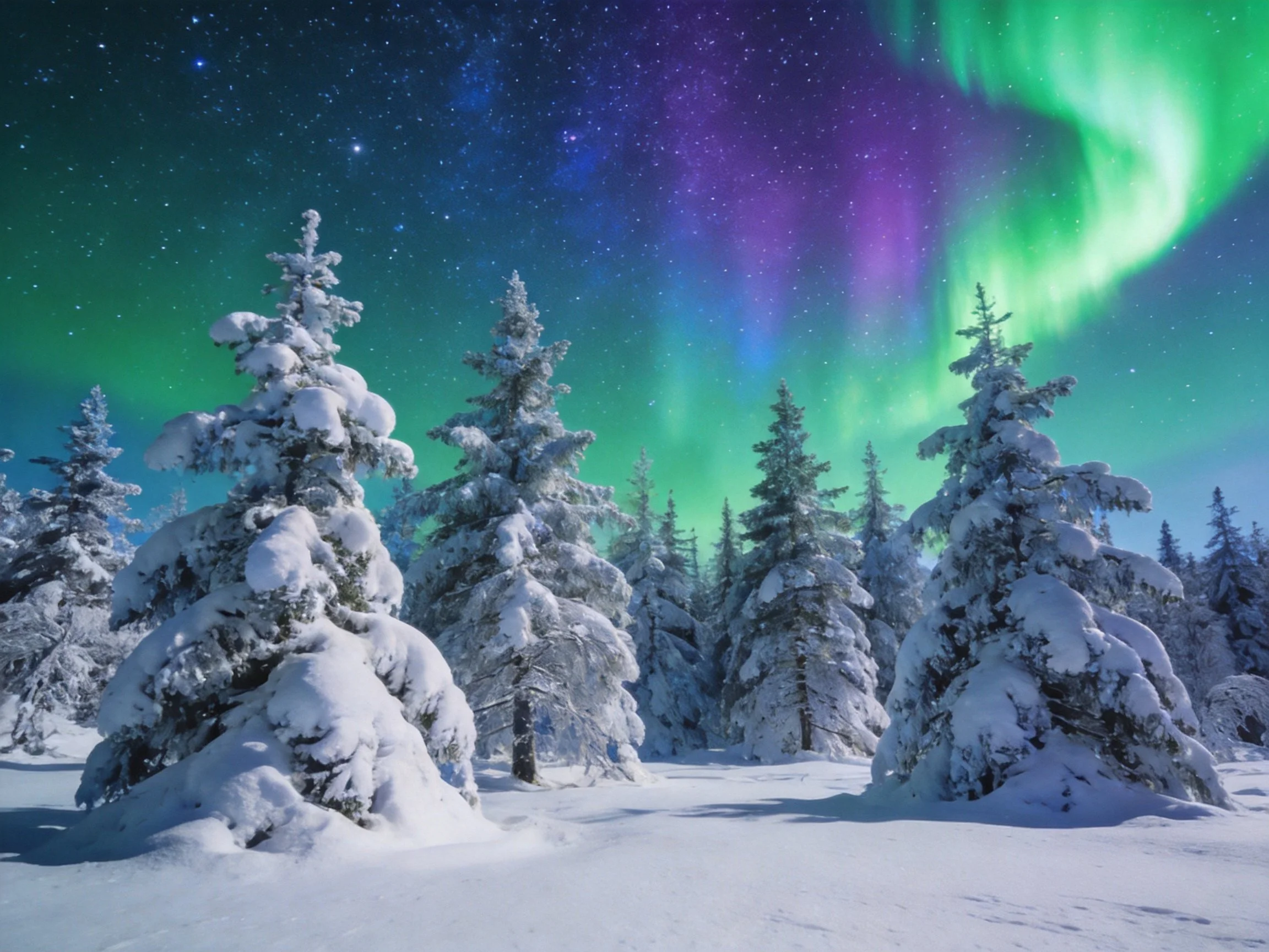 Vibrant aurora illuminates snow-laden evergreen forest at night