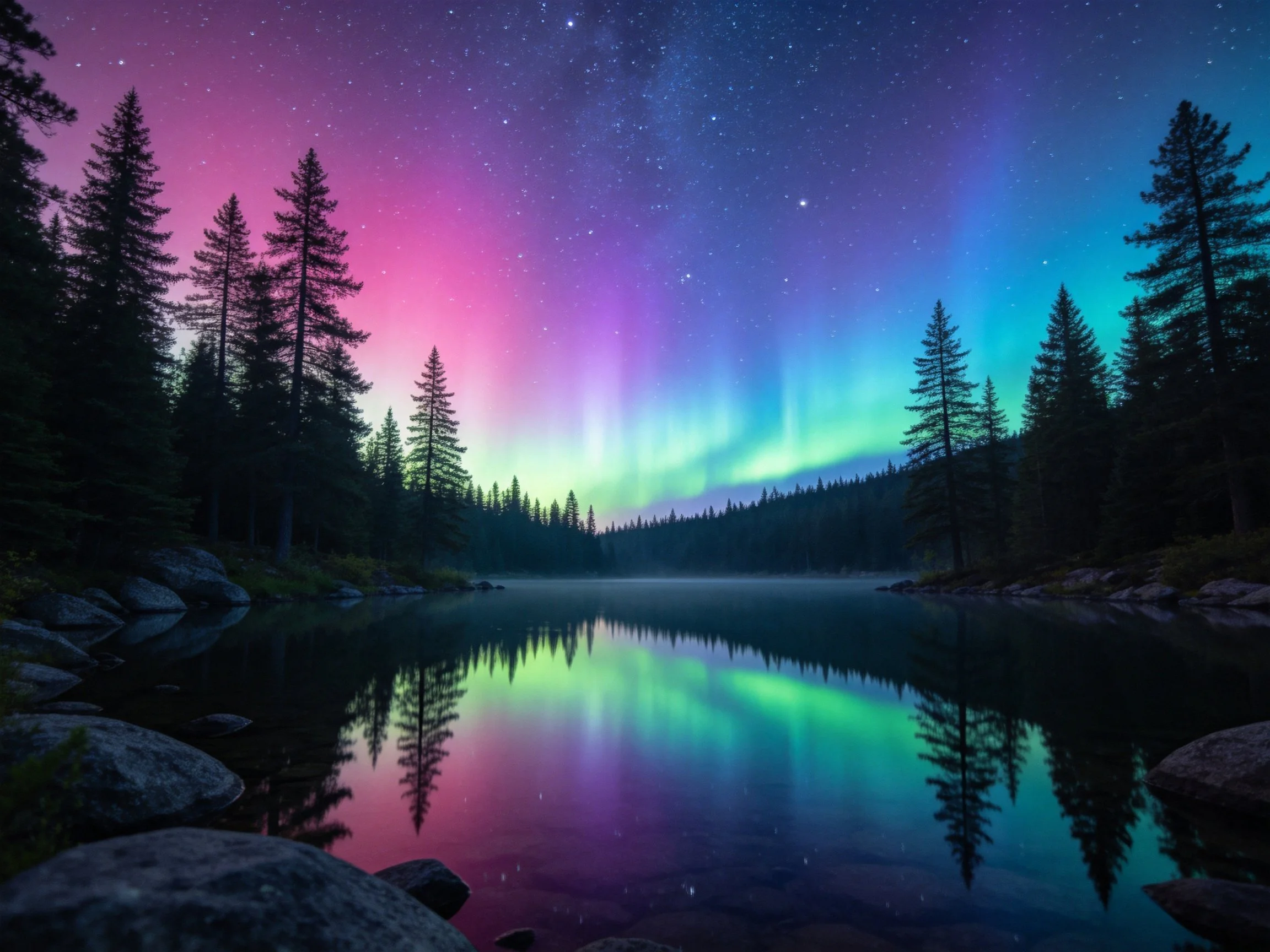 Vibrant aurora lights reflect over forest lake