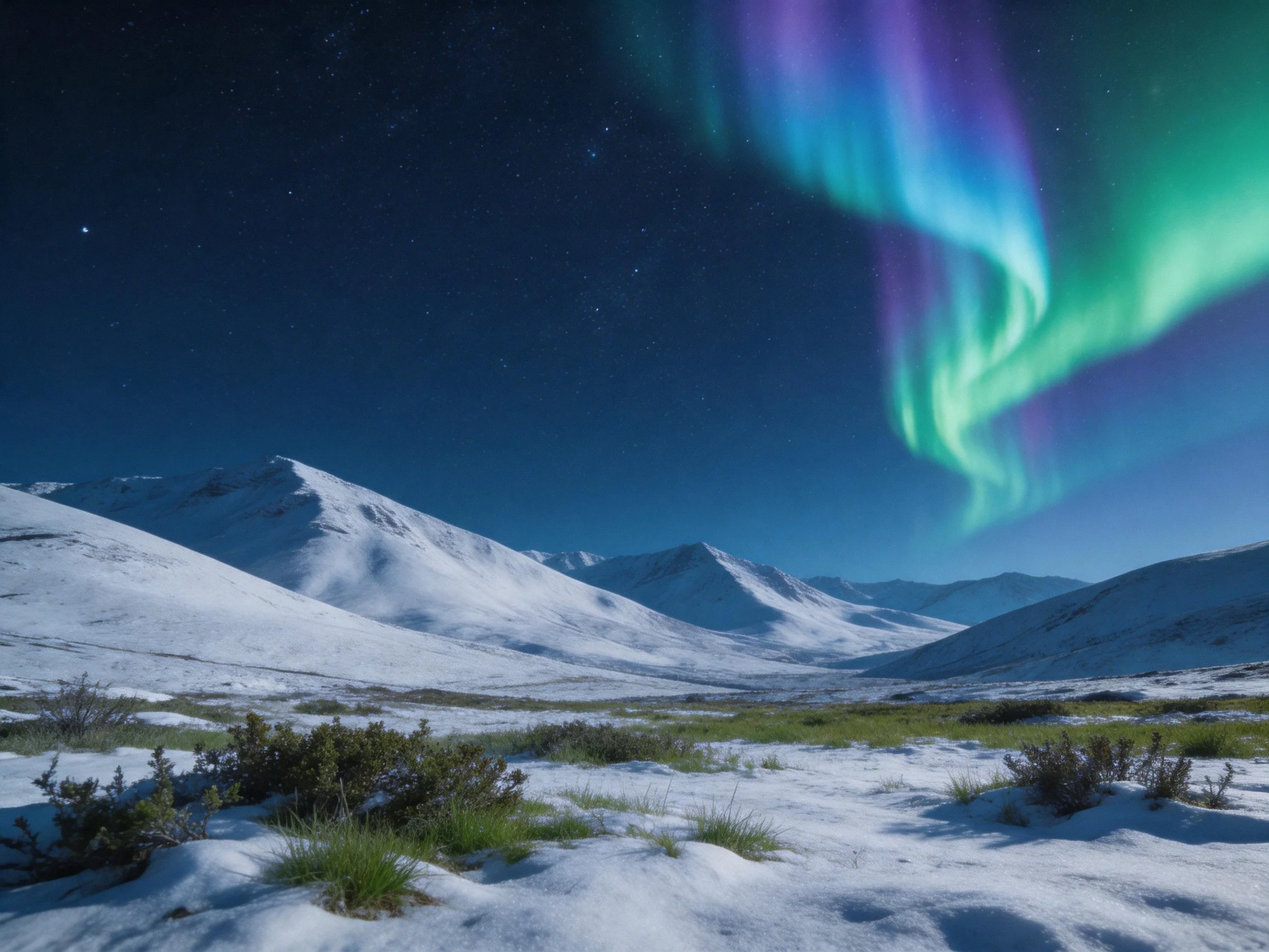 Vibrant auroras illuminate snow-covered mountain valleys at night