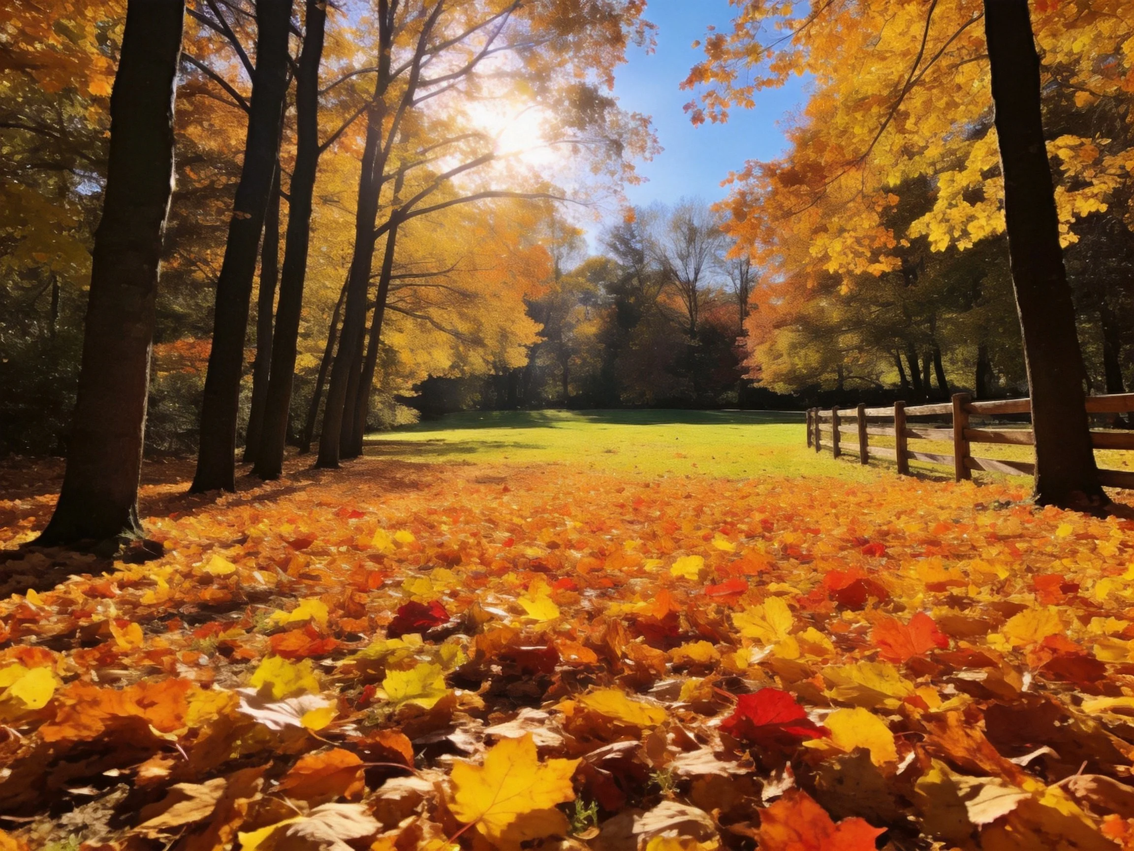 Vibrant autumn foliage blankets a sunlit forest path near a green meadow