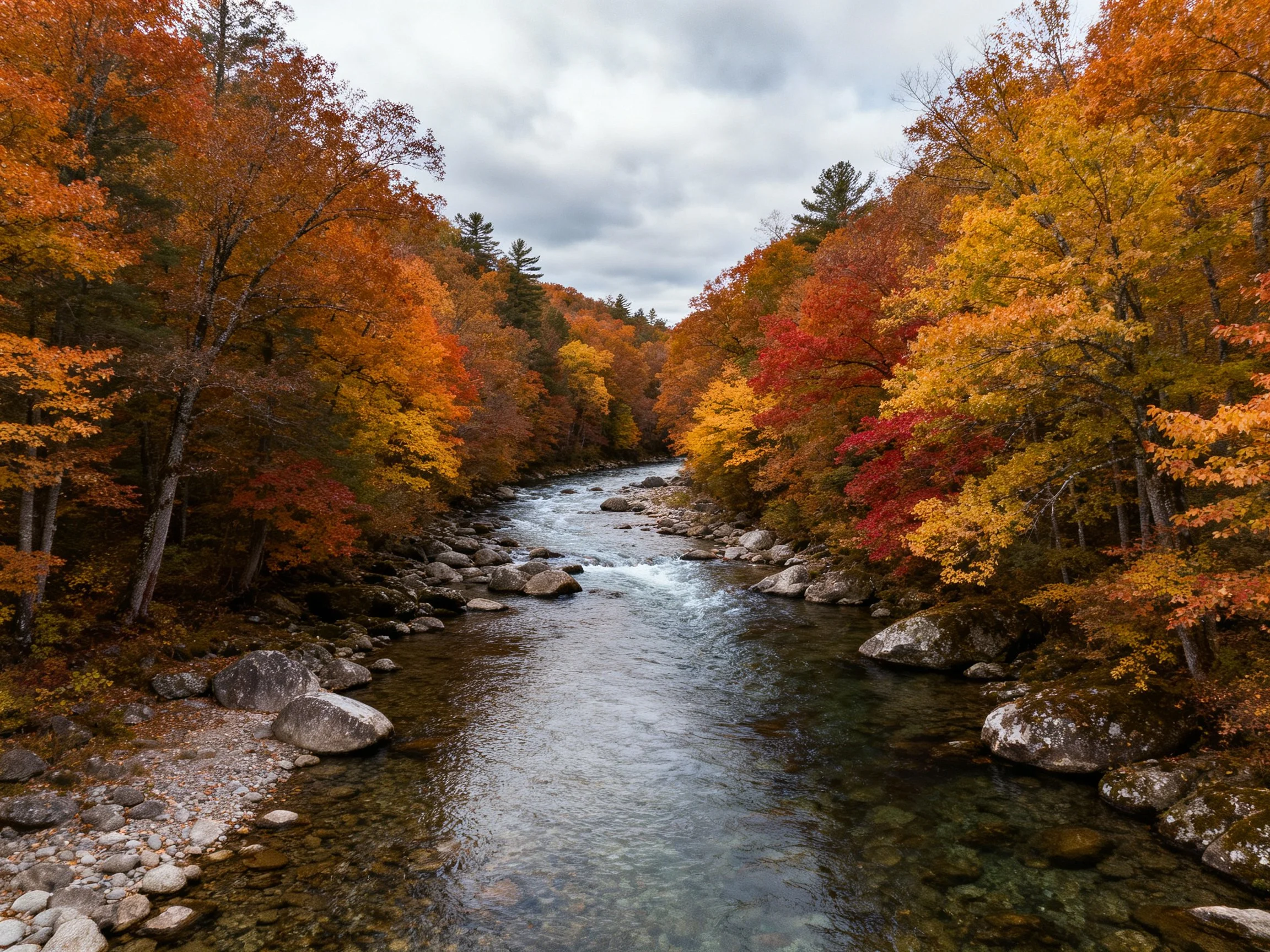 Vibrant autumn foliage frames a rocky river with clear waters