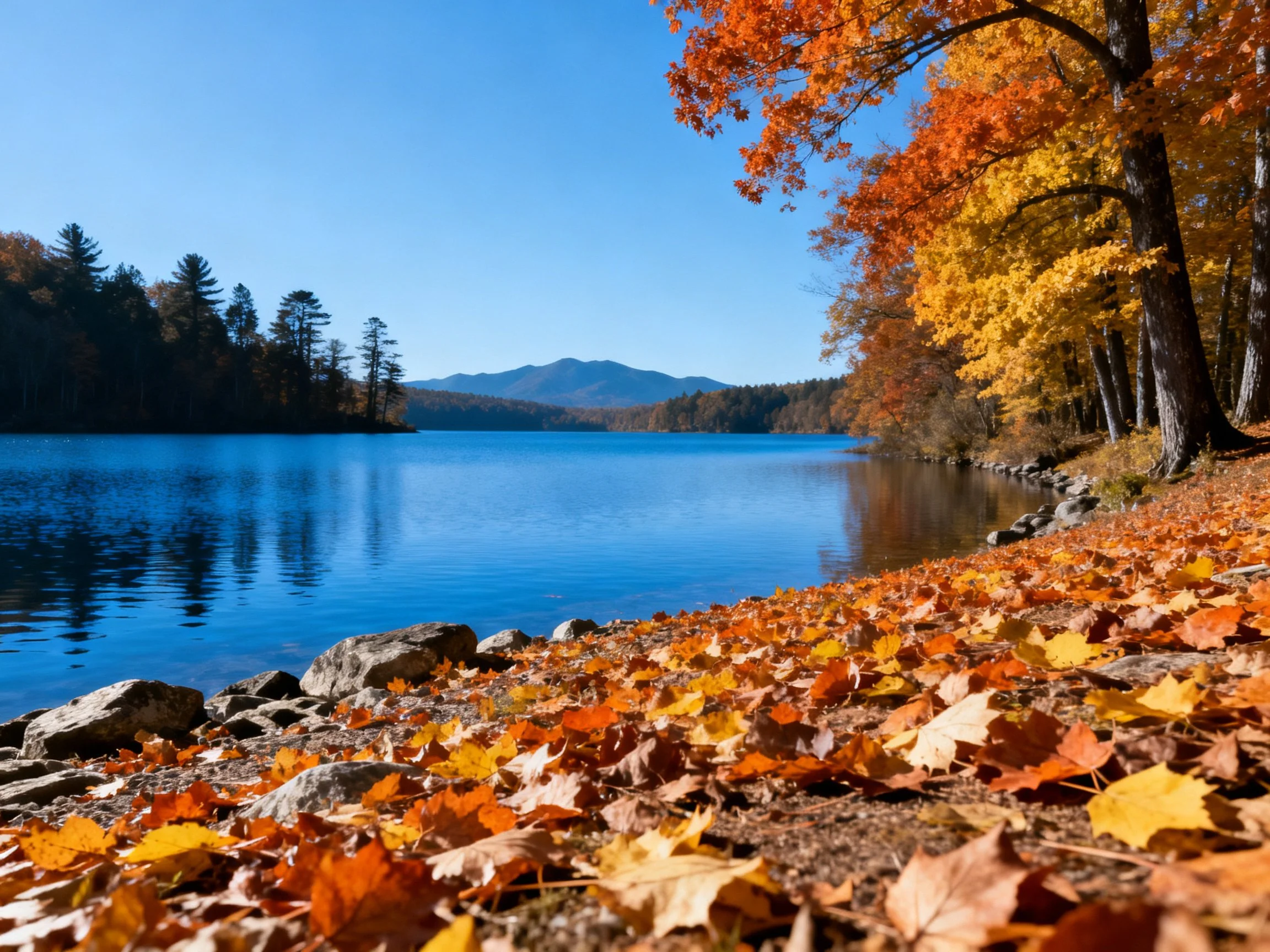 Vibrant autumn foliage lines a serene blue lake with distant mountains