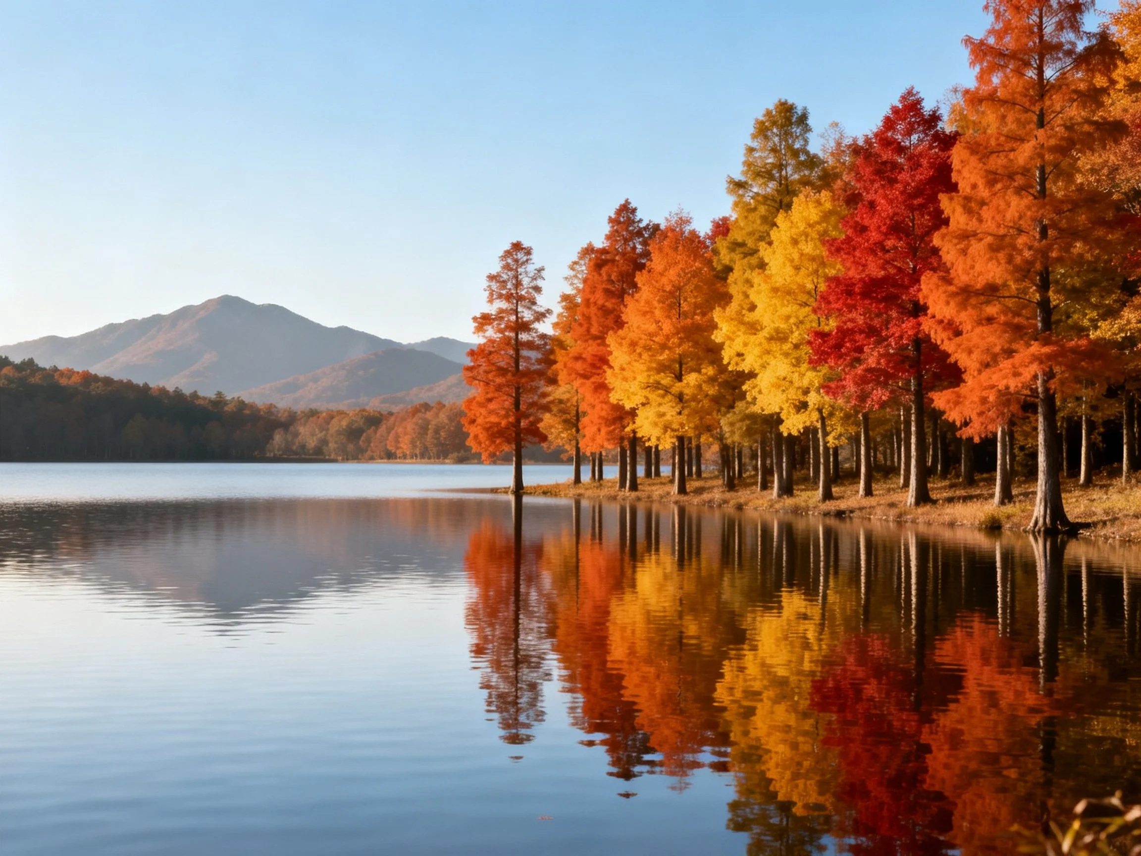 Vibrant autumn foliage reflecting in tranquil lake waters