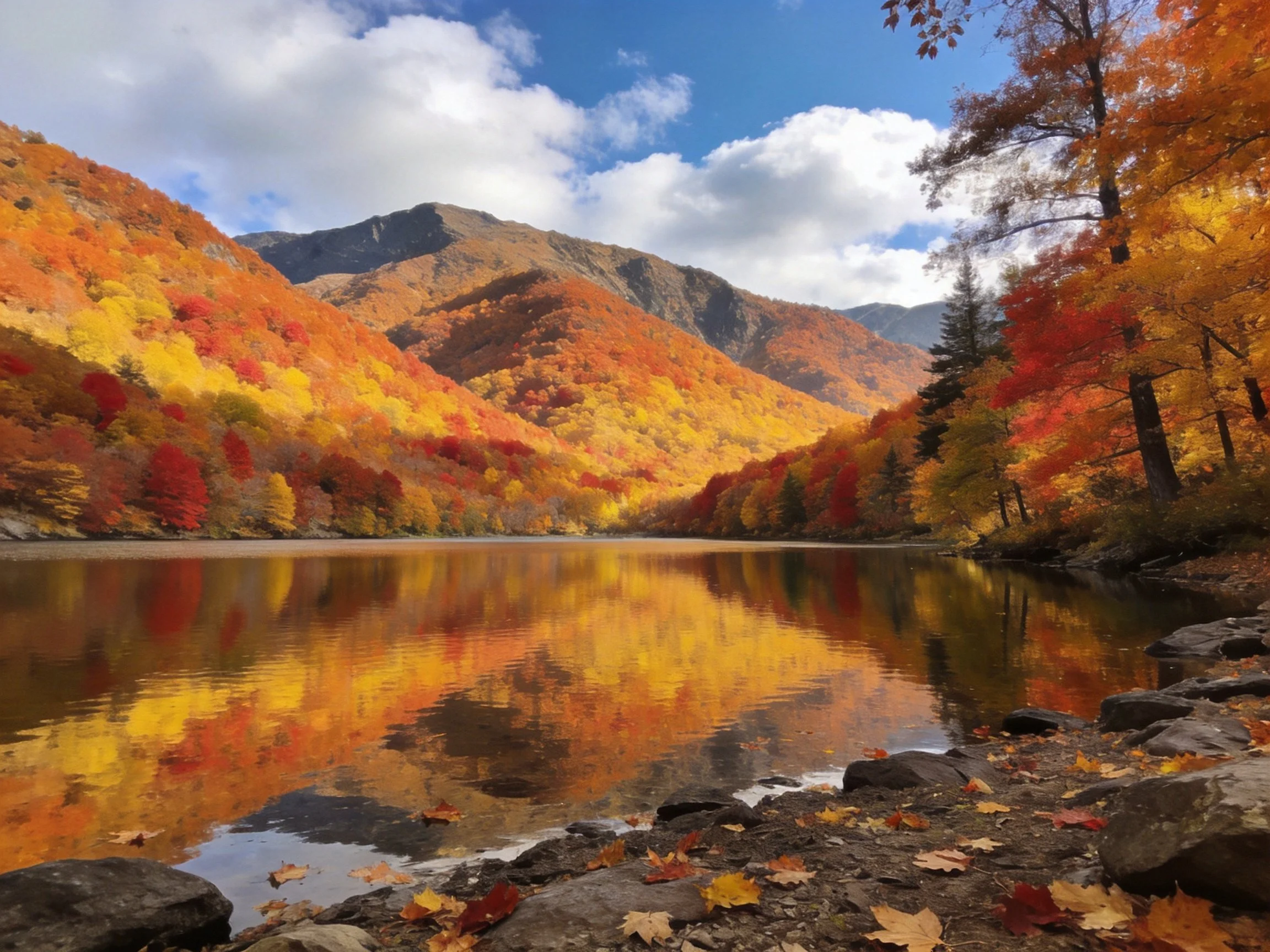 Vibrant autumn foliage reflects in a serene mountain lake