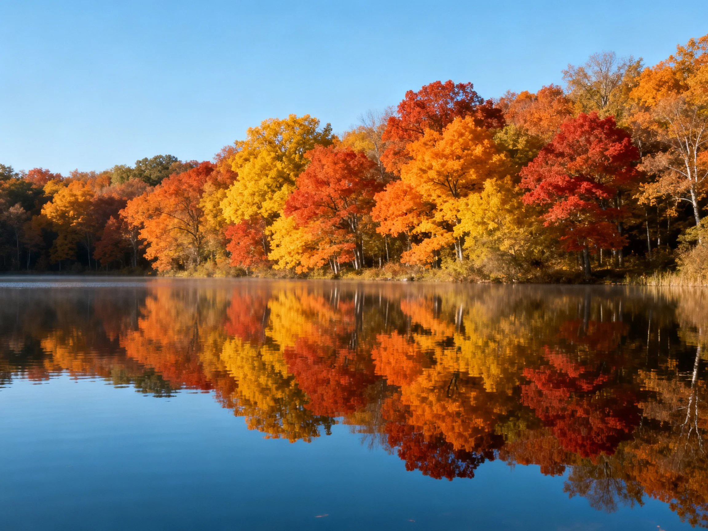 Vibrant autumn foliage reflects in calm lake waters