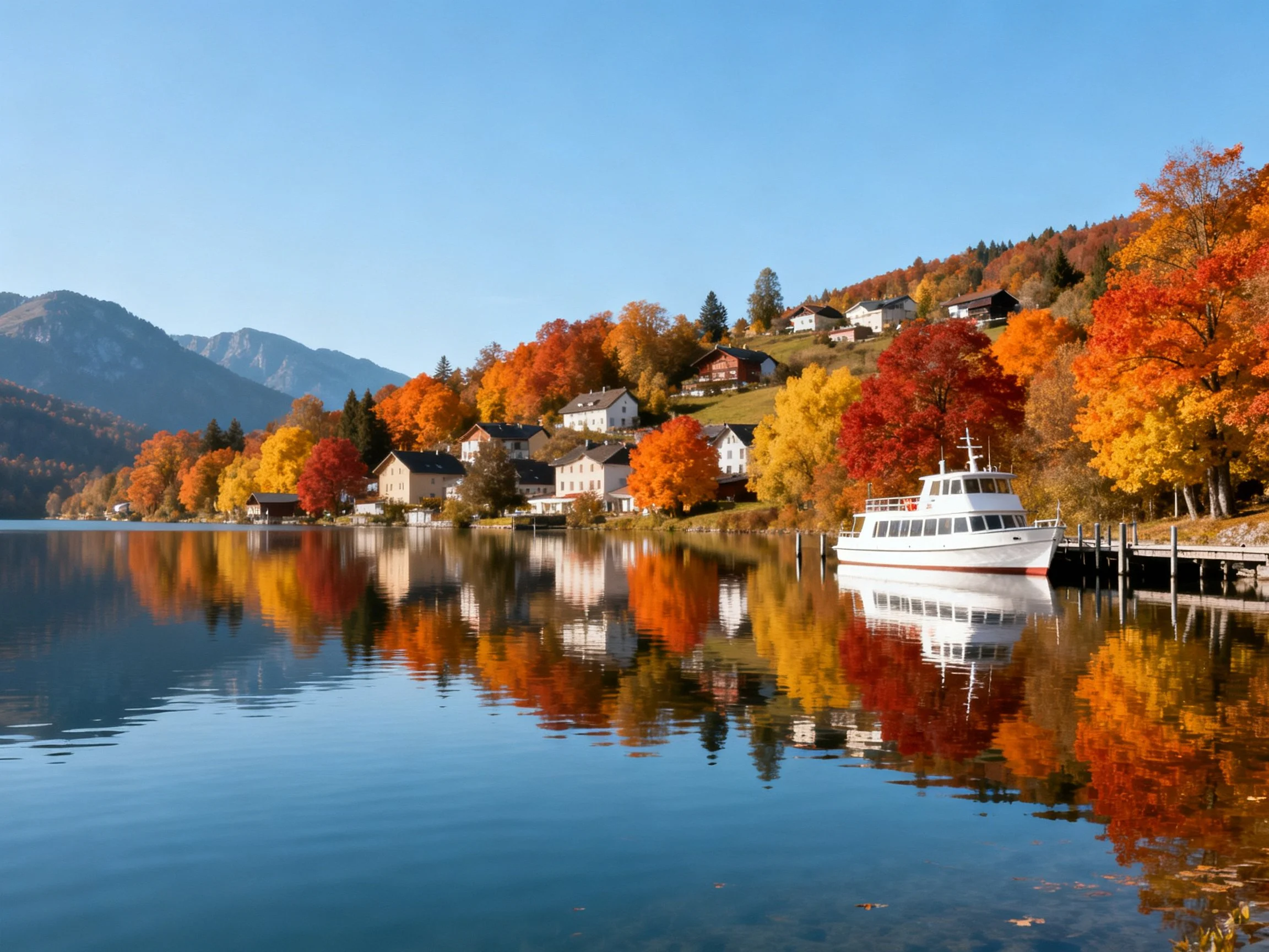 Vibrant autumn foliage reflects on tranquil lake near docked vessel