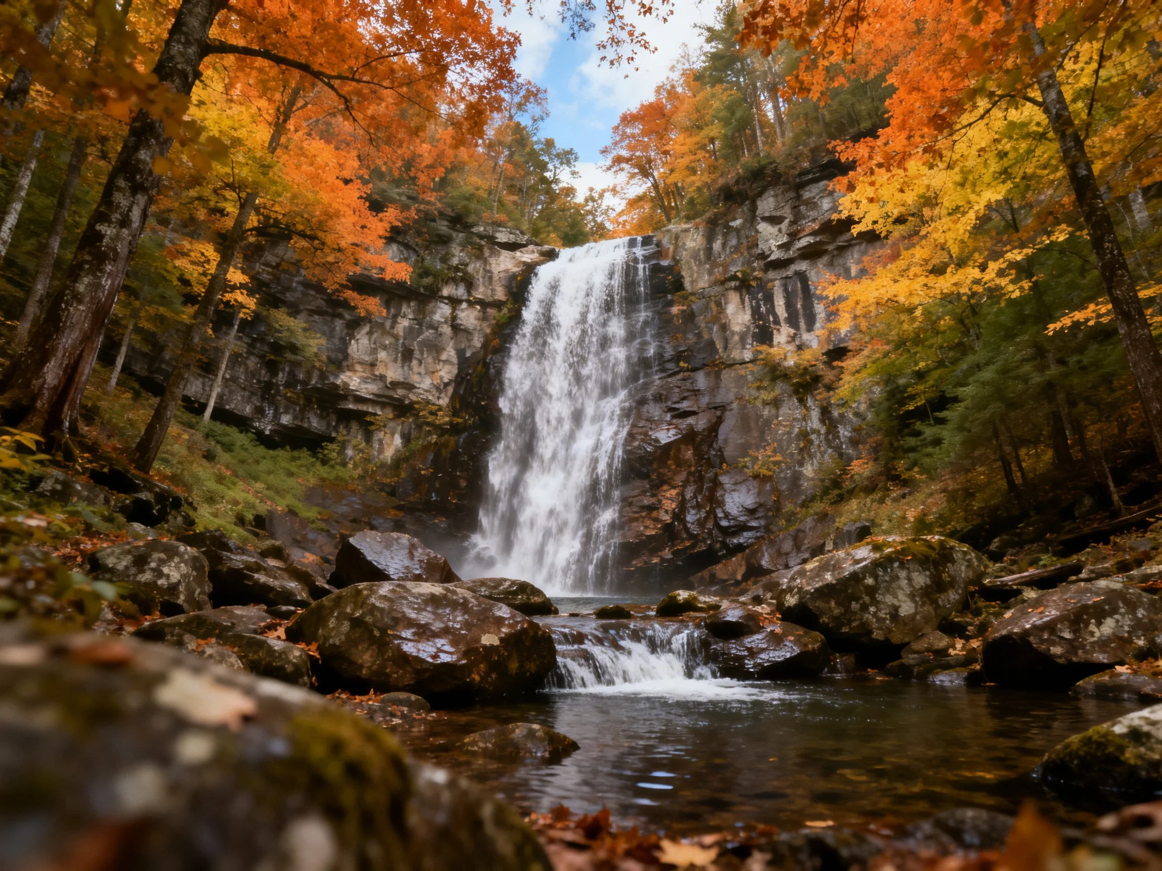 Vibrant autumn foliage surrounds a majestic waterfall