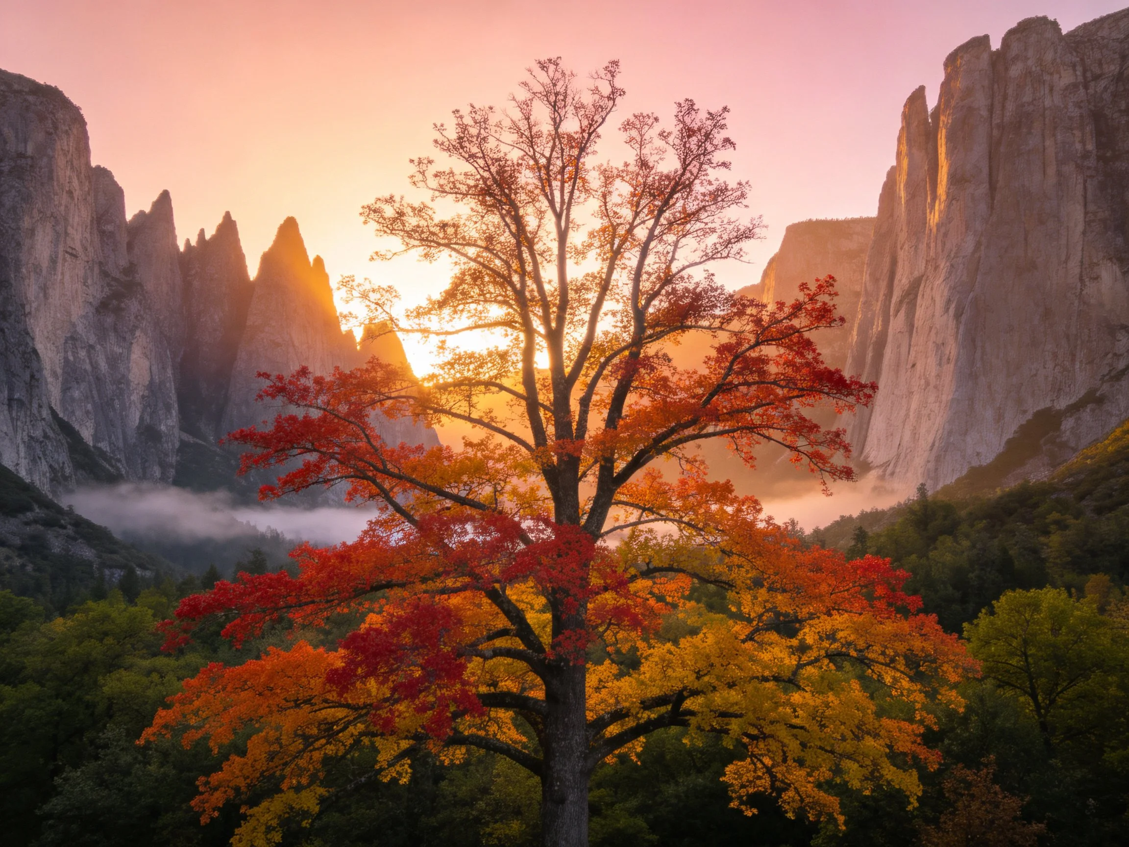 Vibrant autumn foliage tree amid towering rocky cliffs at sunrise