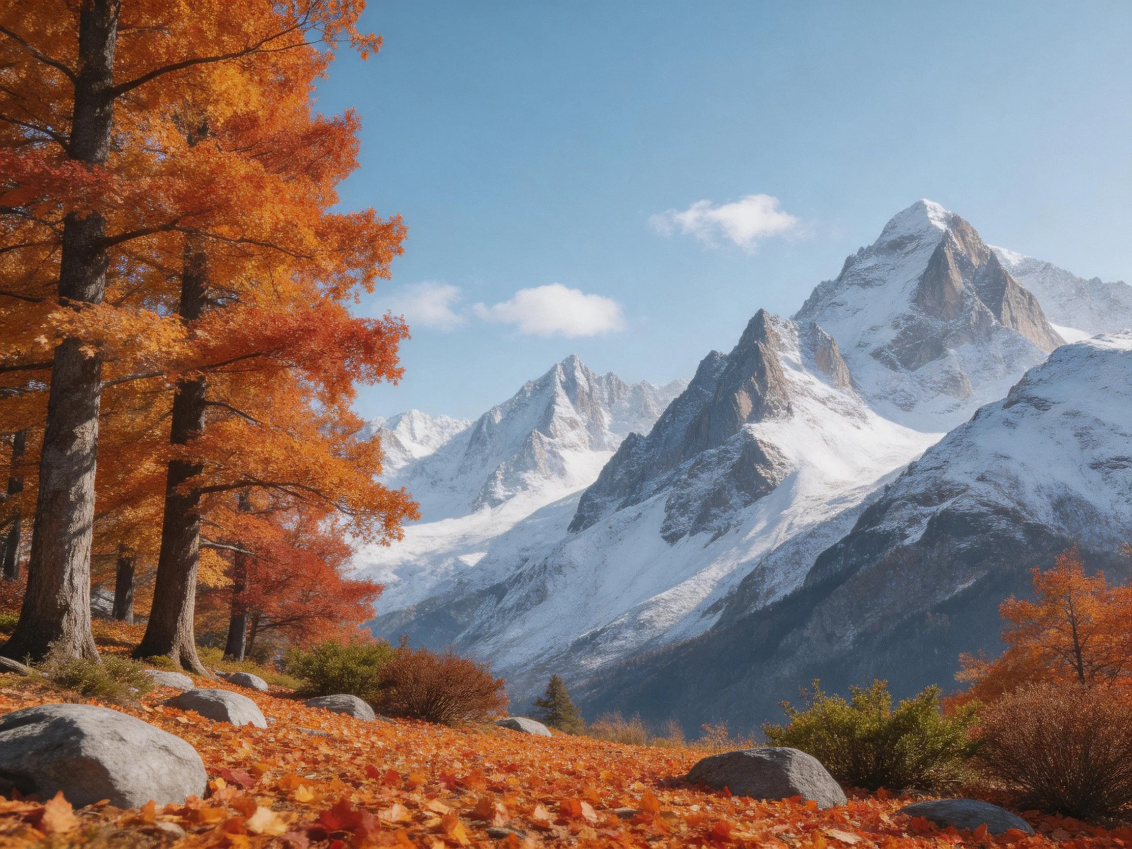 Vibrant autumn forest near snow-capped mountain peaks