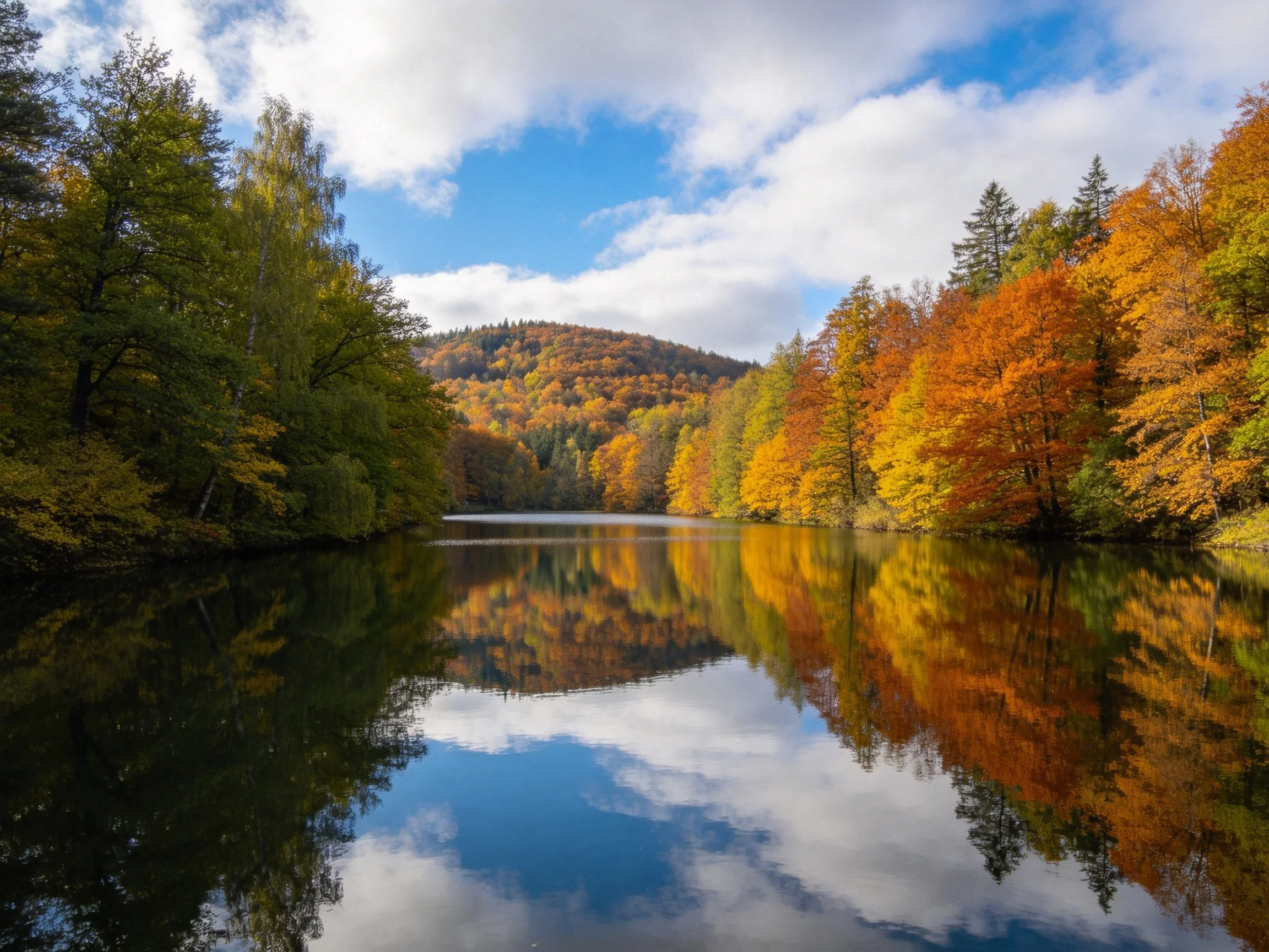 Vibrant autumn forest reflected in calm lake waters under blue sky