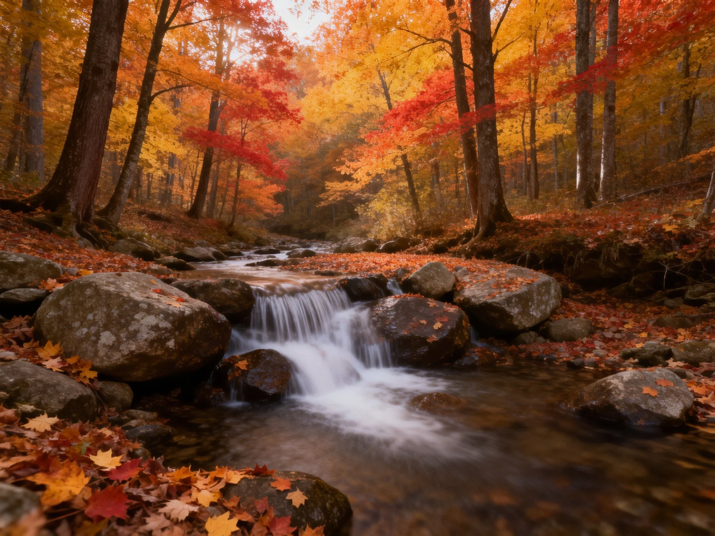 Vibrant autumn forest with rocky stream and waterfall