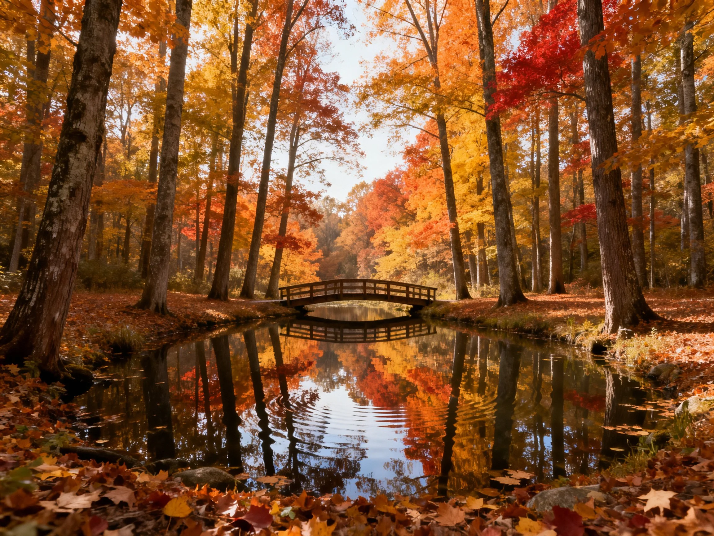 Vibrant autumn forest with wooden bridge over calm water