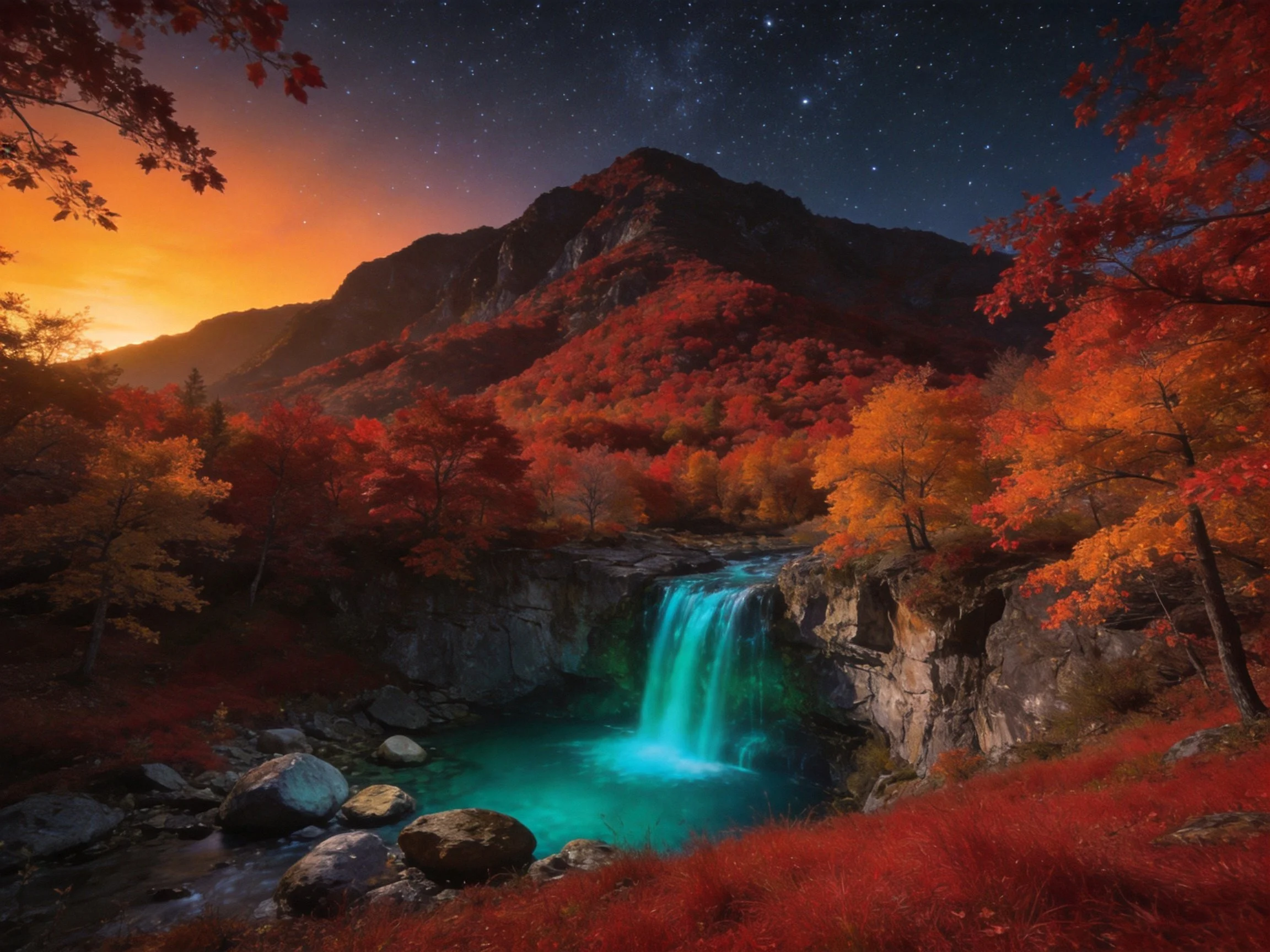 Vibrant autumn landscape with glowing waterfall and starry mountain