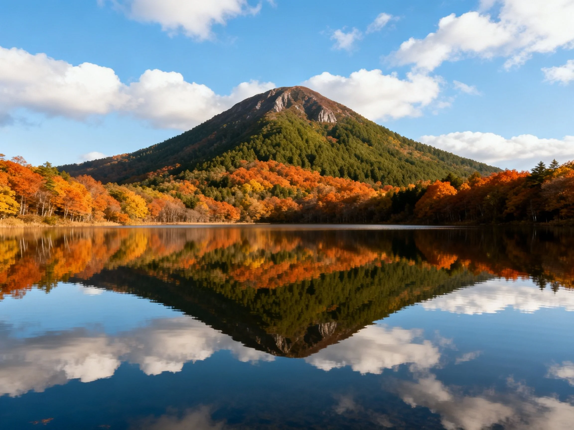 Vibrant autumn mountainside reflected in a calm lake