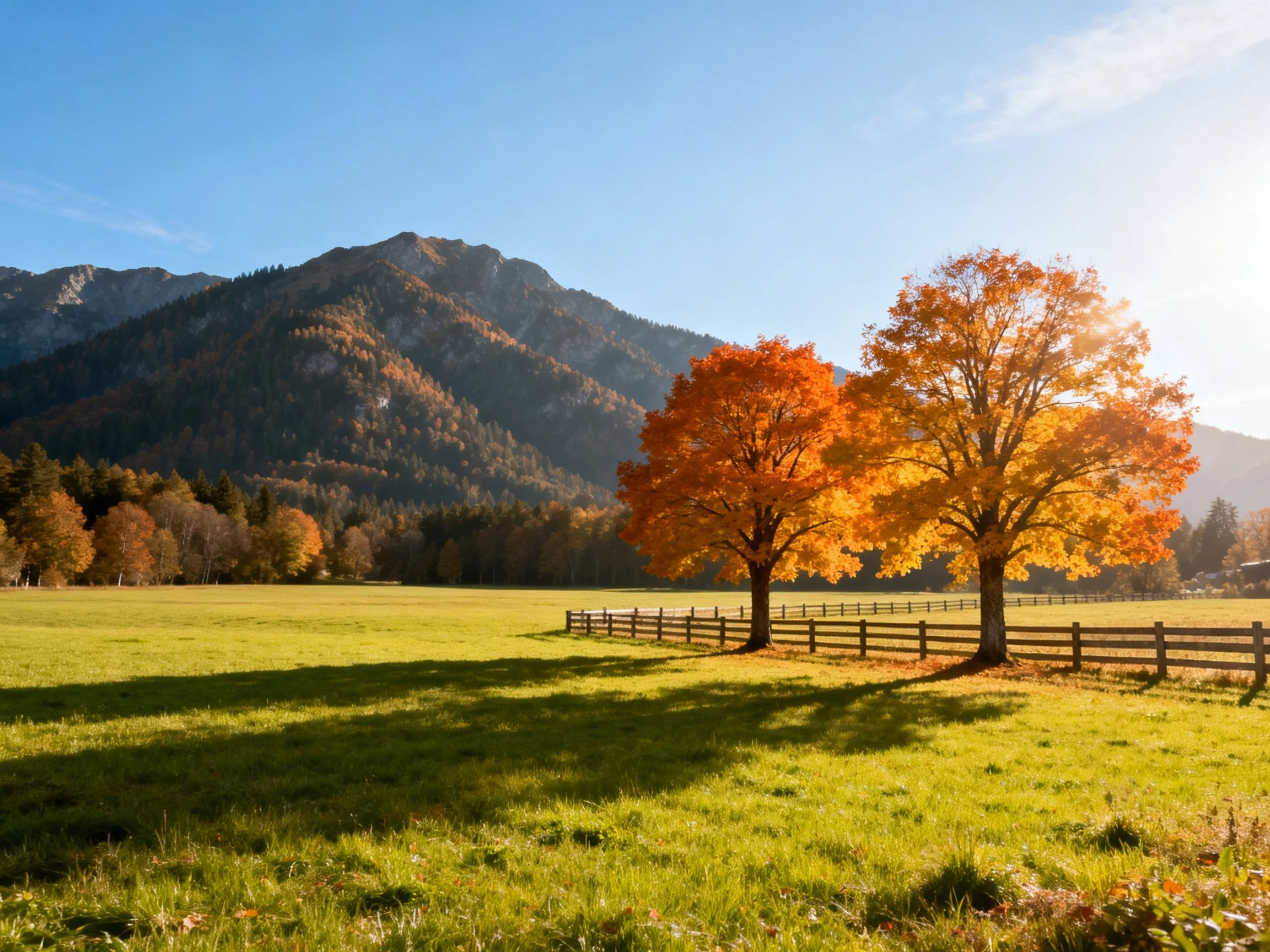Vibrant autumn trees beside wooden fence in mountainous meadow