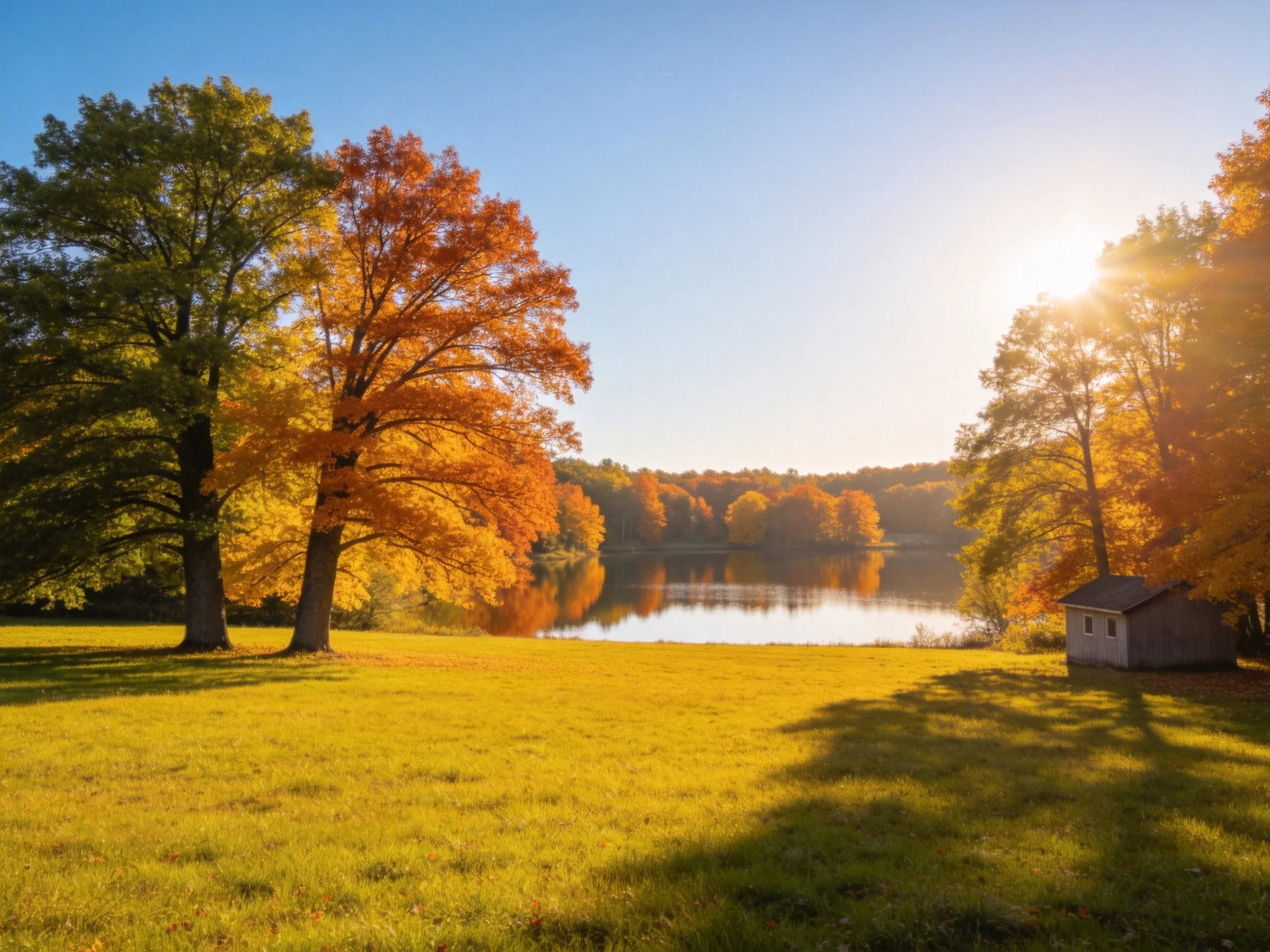 Vibrant autumn trees by calm lake with sunlit meadow