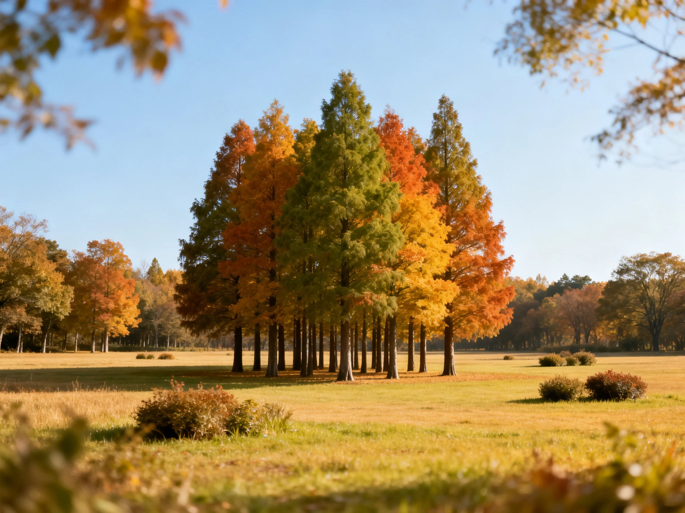 Vibrant autumn trees clustered in a sunlit open field