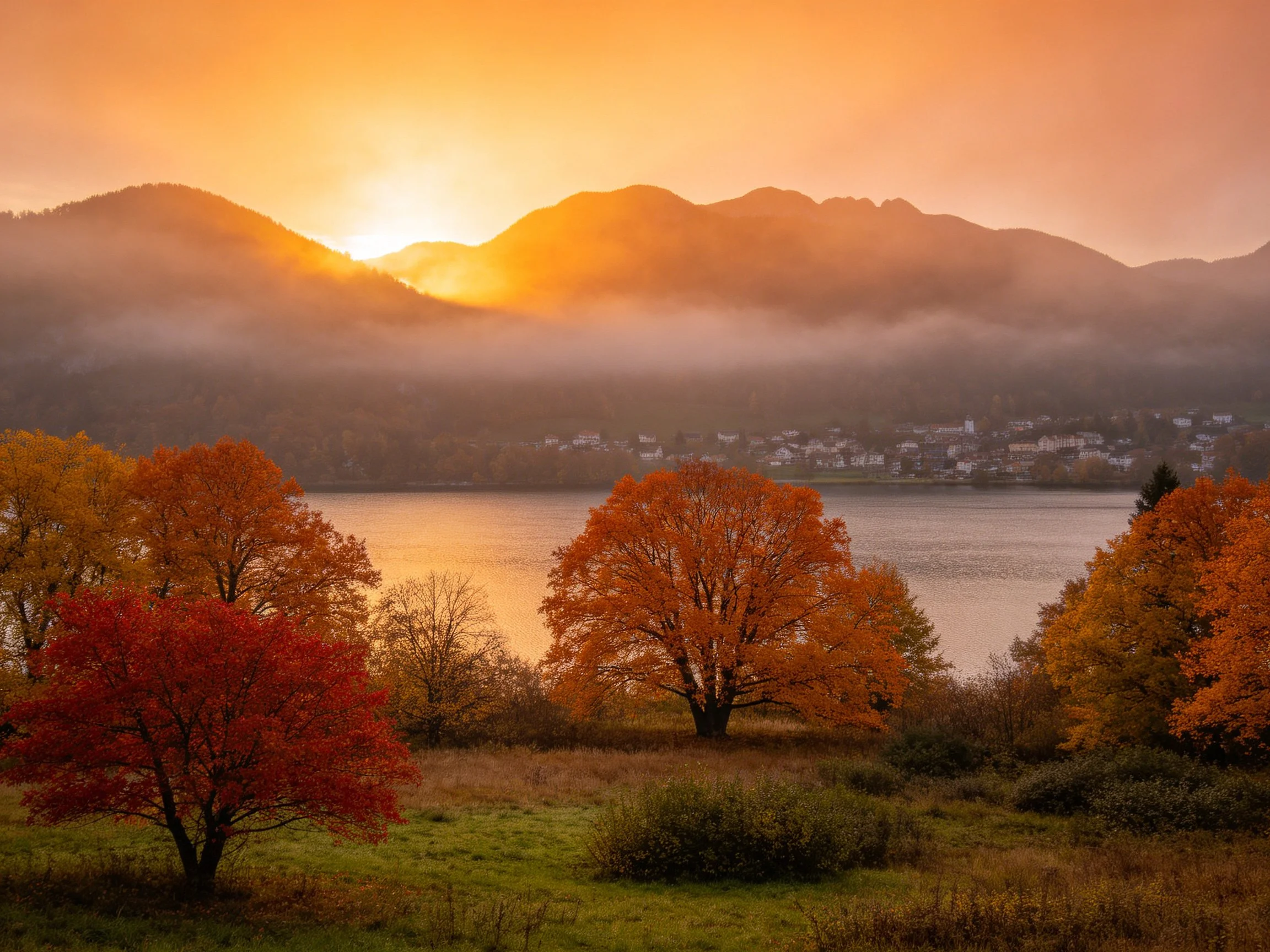 Vibrant autumn trees near a misty mountain lake at sunrise