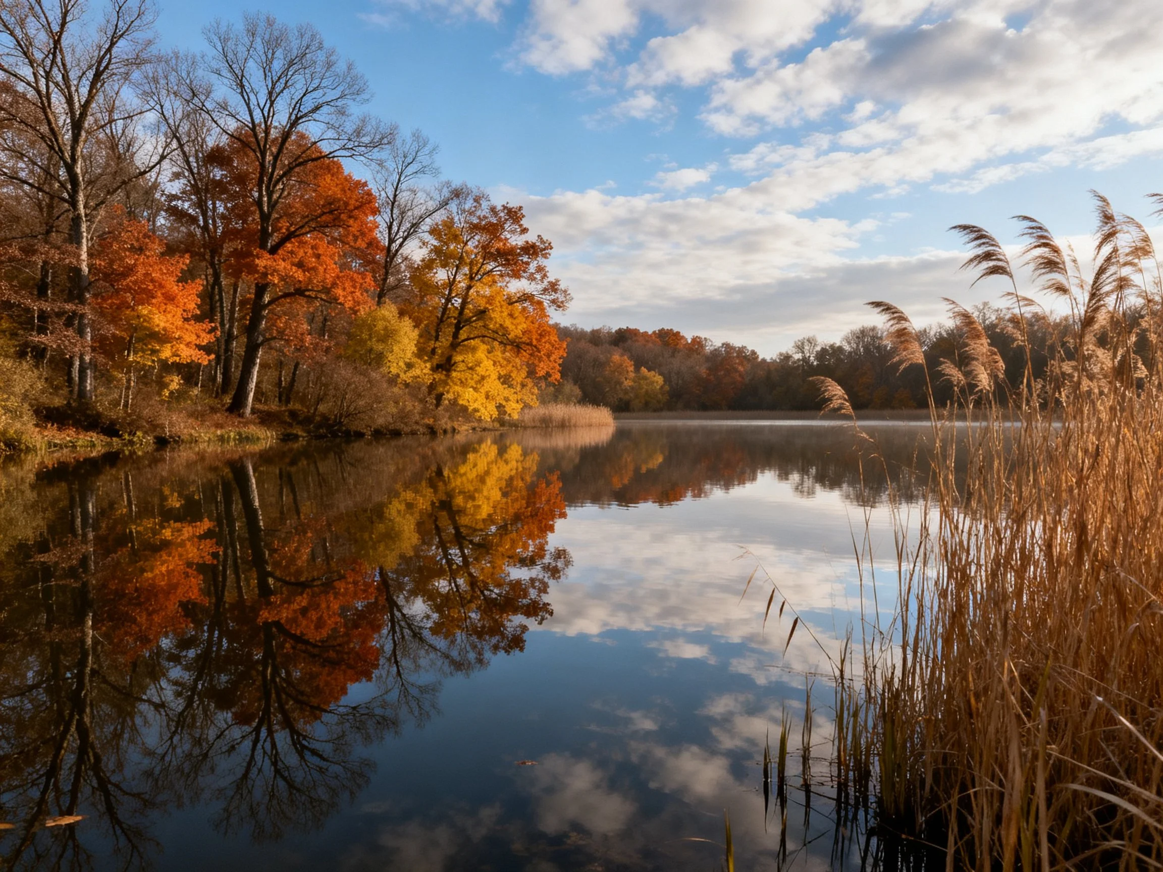 Vibrant autumn trees reflect in calm blue lake with golden reeds