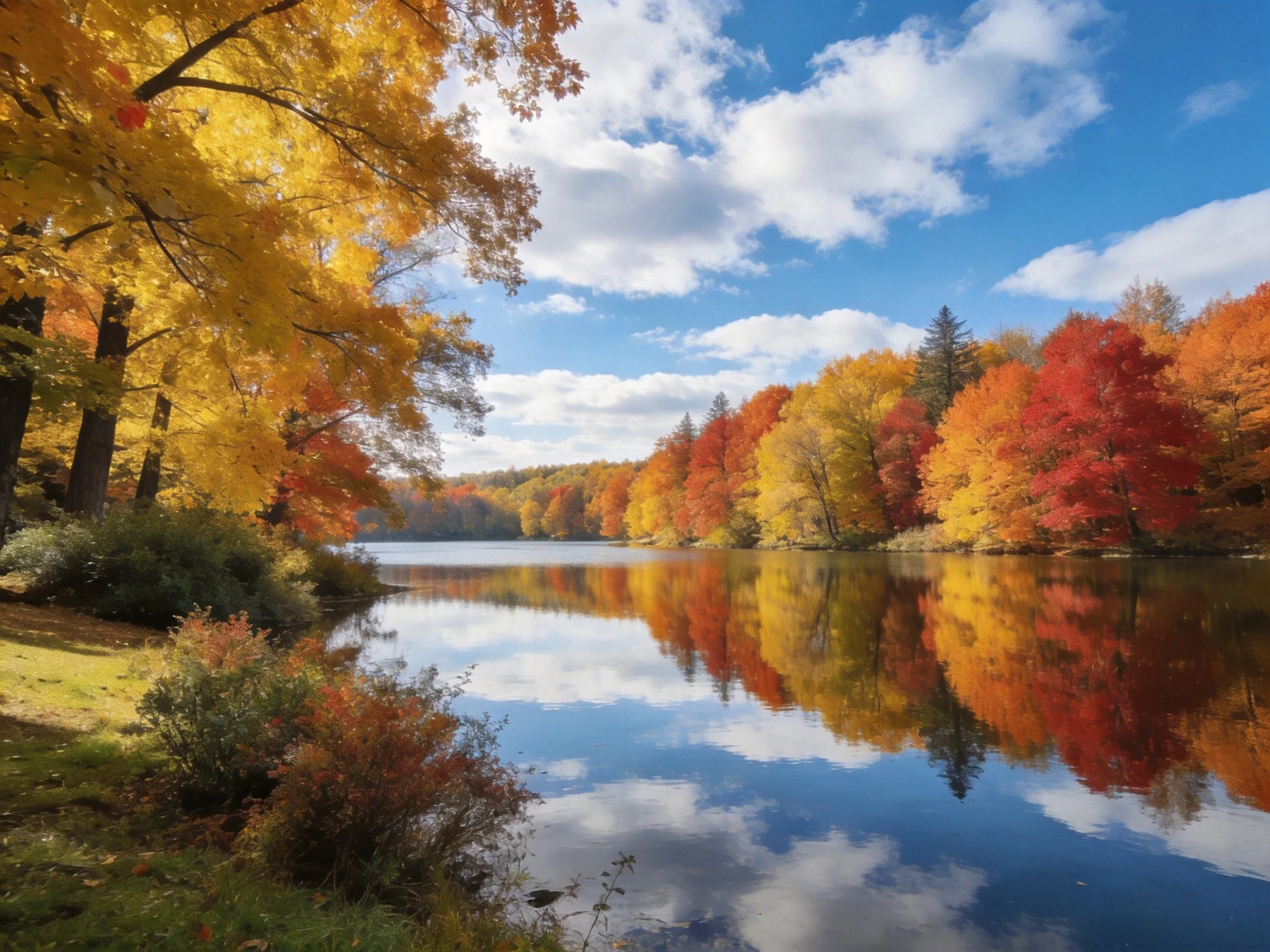Vibrant autumn trees reflect in calm lake waters
