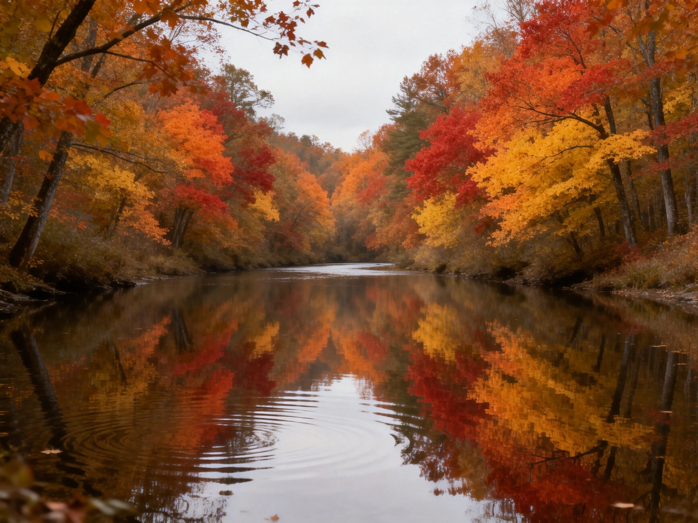 Vibrant autumn trees reflect in calm river waters