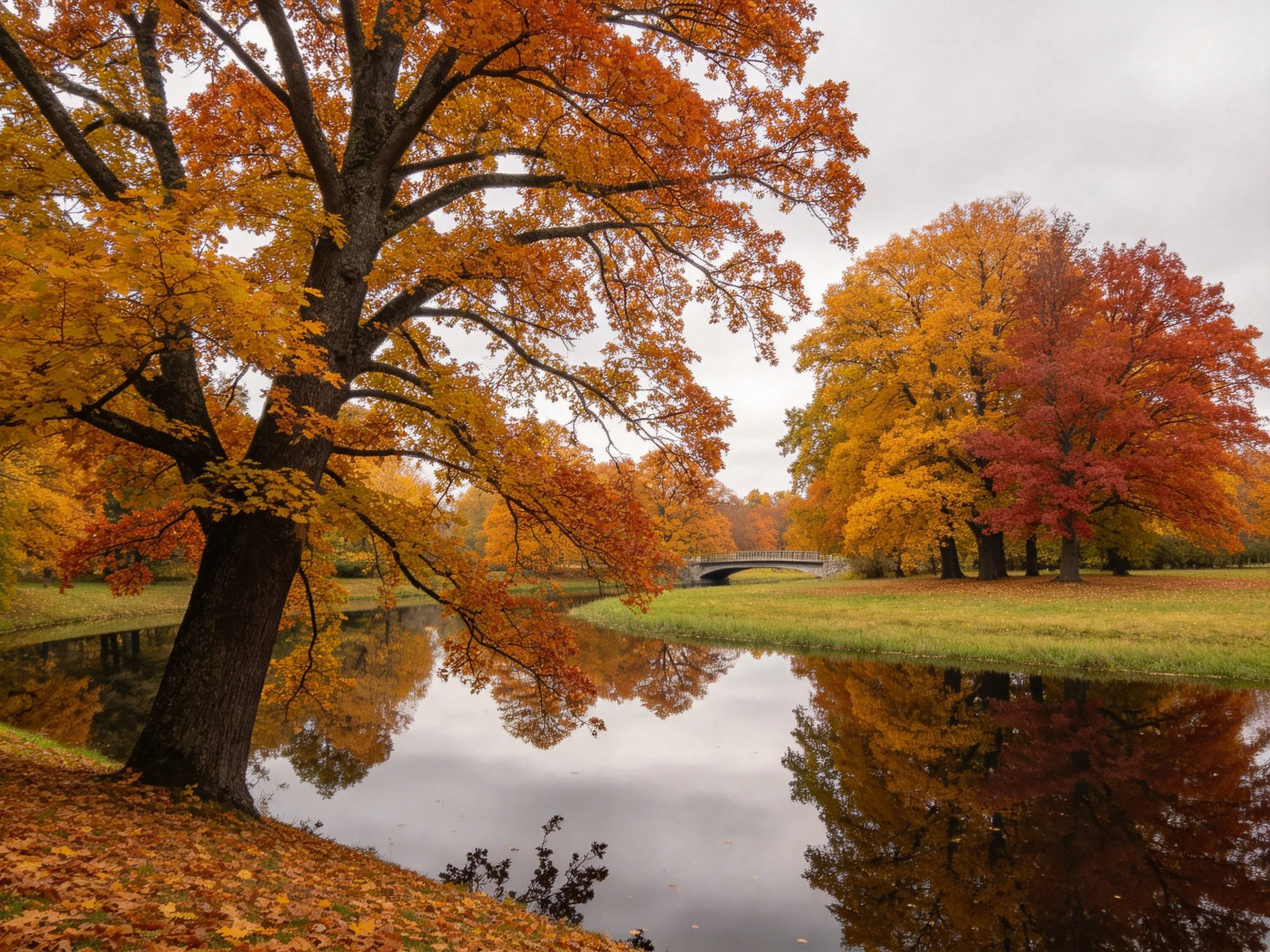 Vibrant autumn trees reflect in calm water near a stone bridge