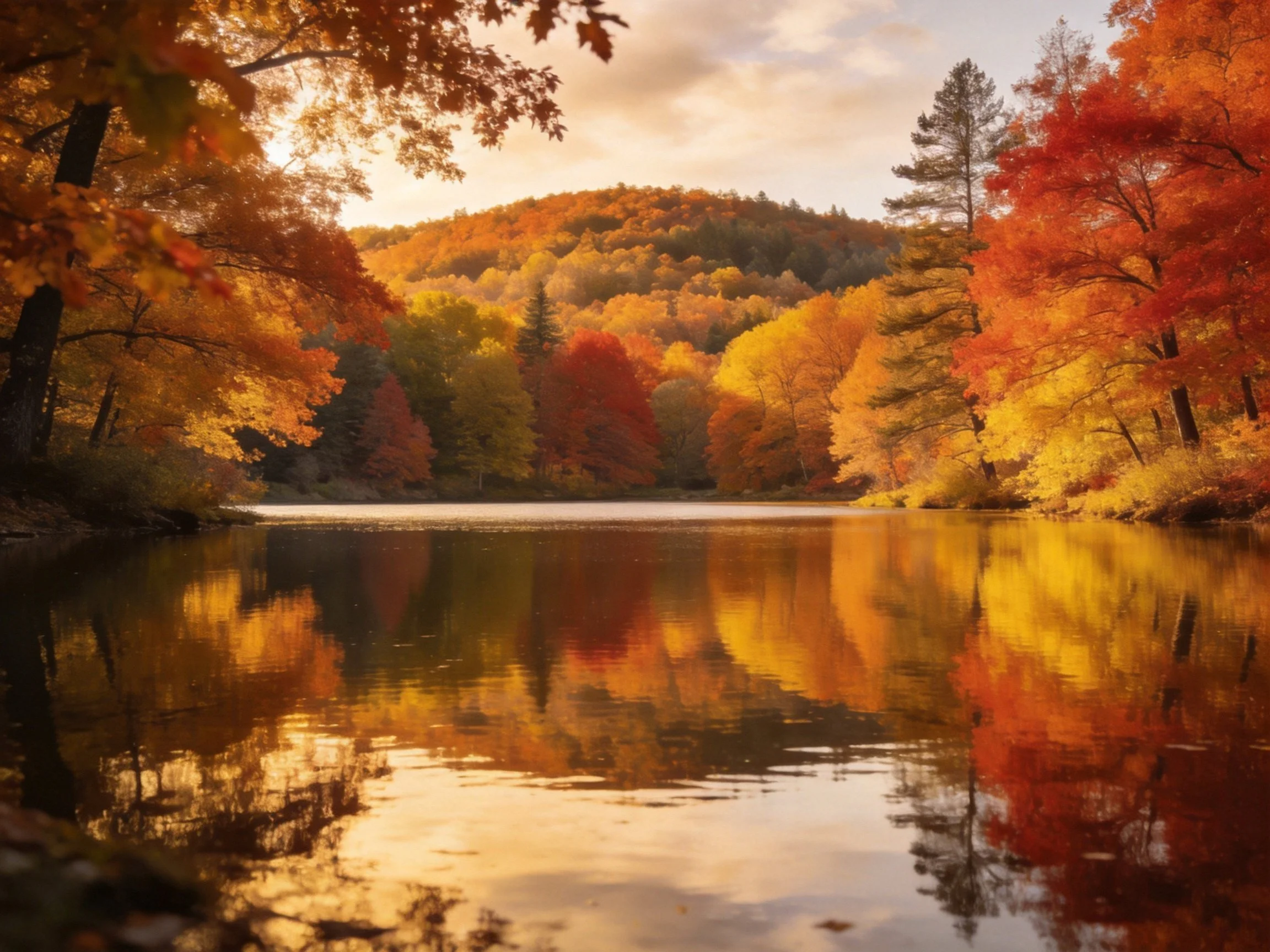 Vibrant autumn trees reflect in serene lake waters