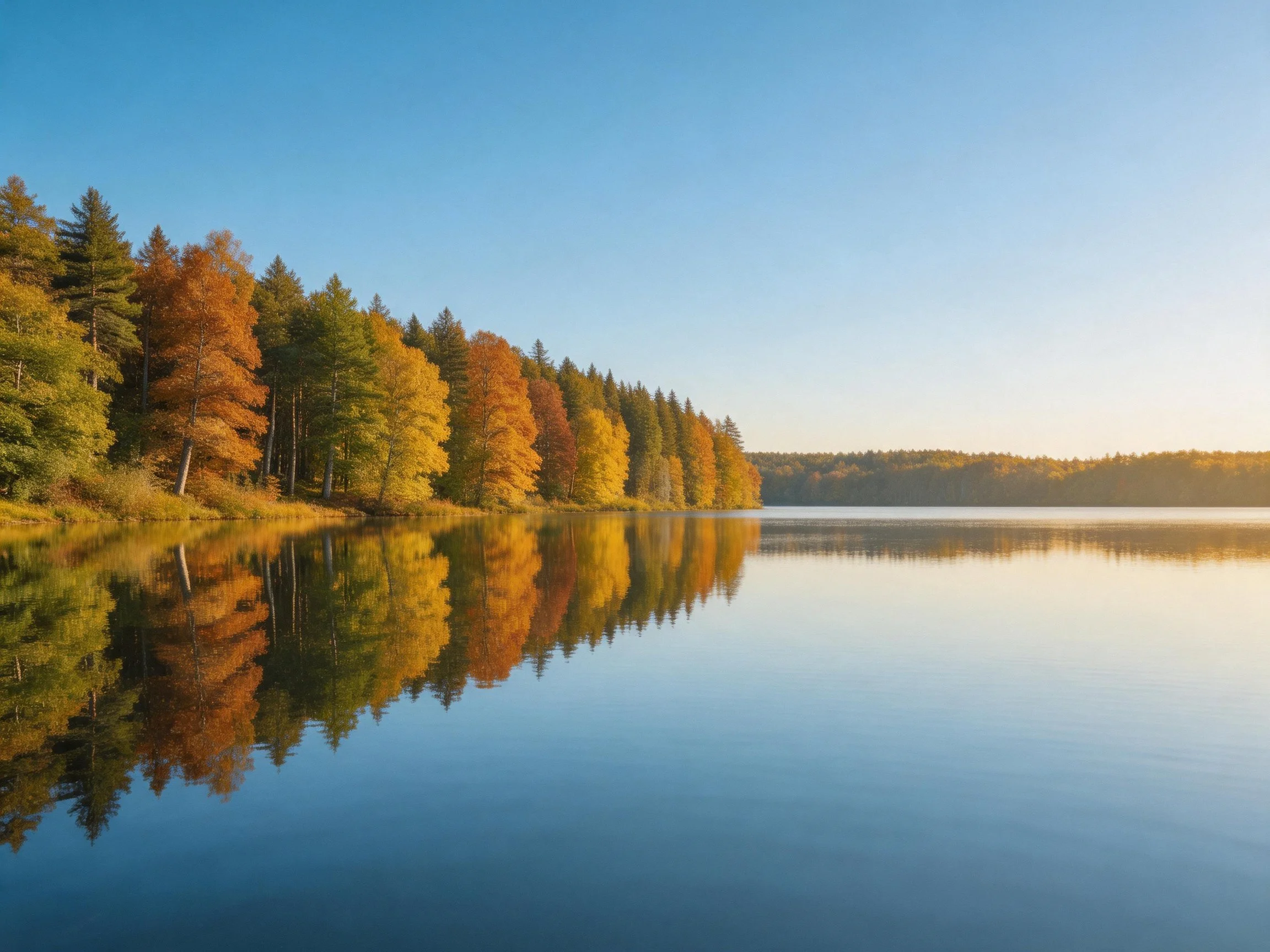 Vibrant autumn trees reflected in calm blue lake