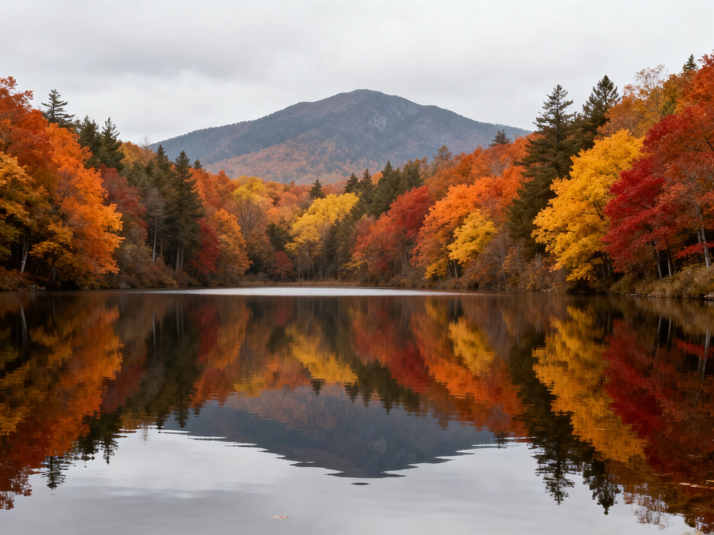 Vibrant autumn trees reflected in calm lake near mountain
