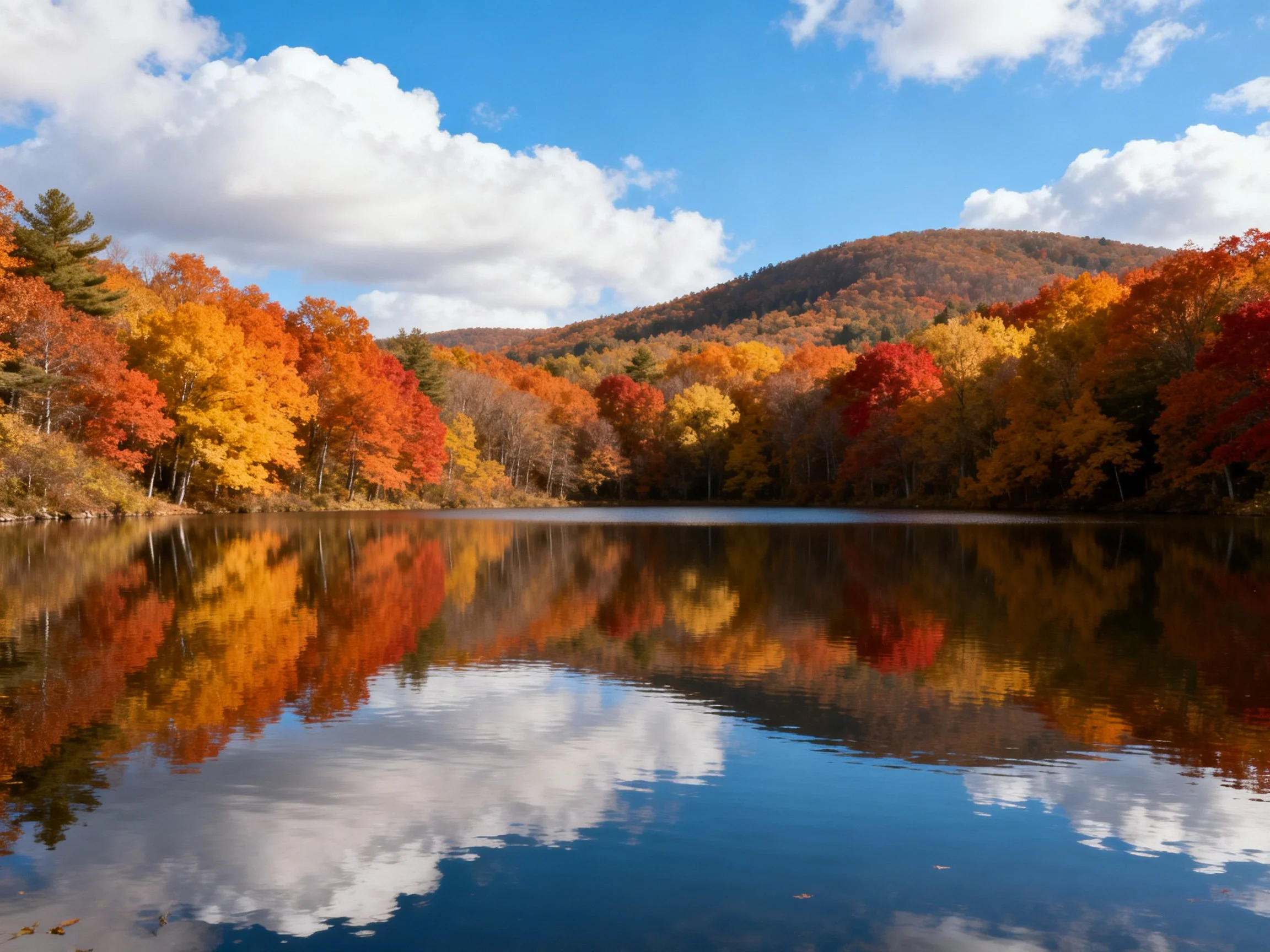 Vibrant autumn trees reflected in calm lake with distant hills