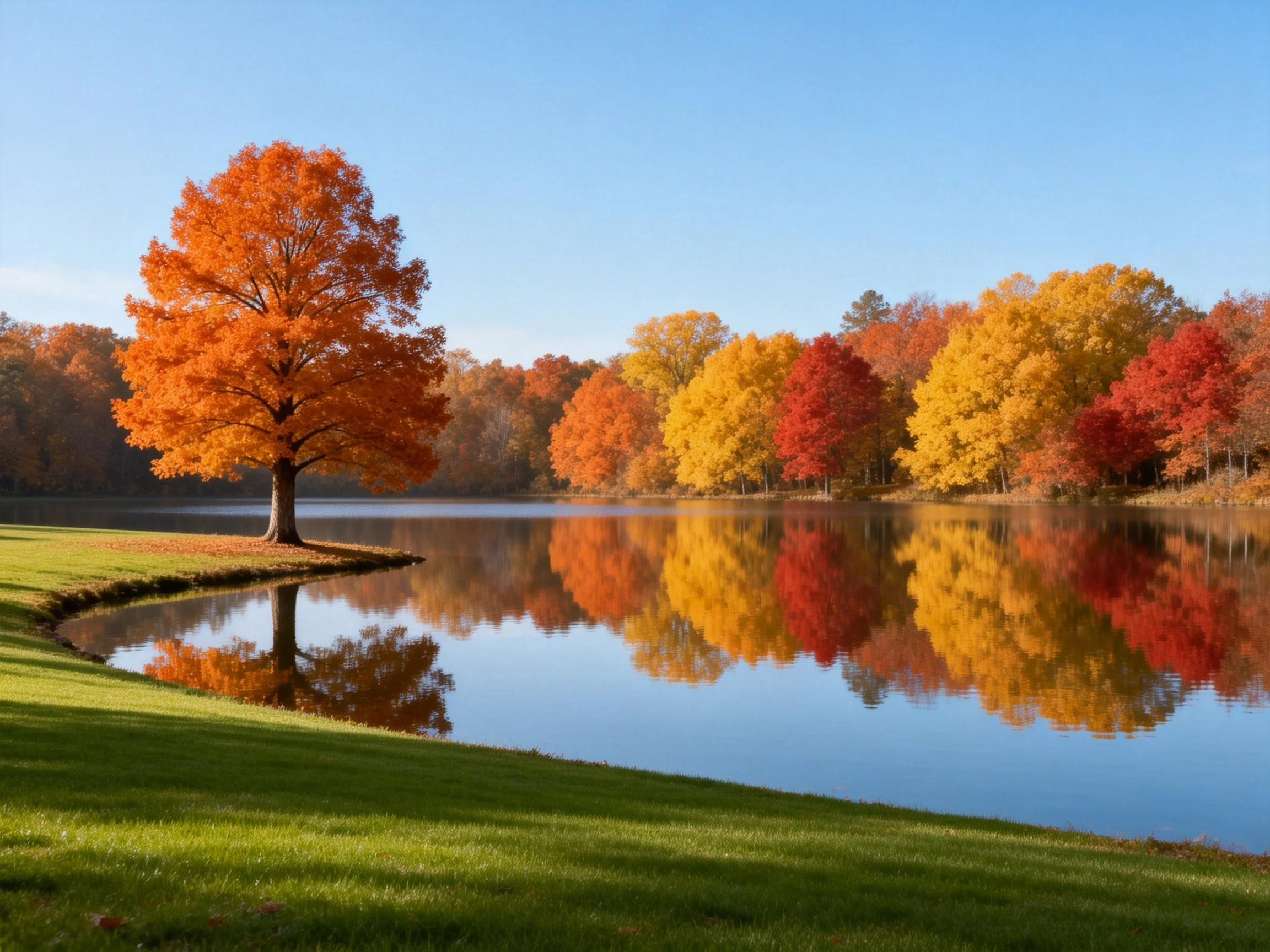 Vibrant autumn trees reflected in calm lake with lush green grass