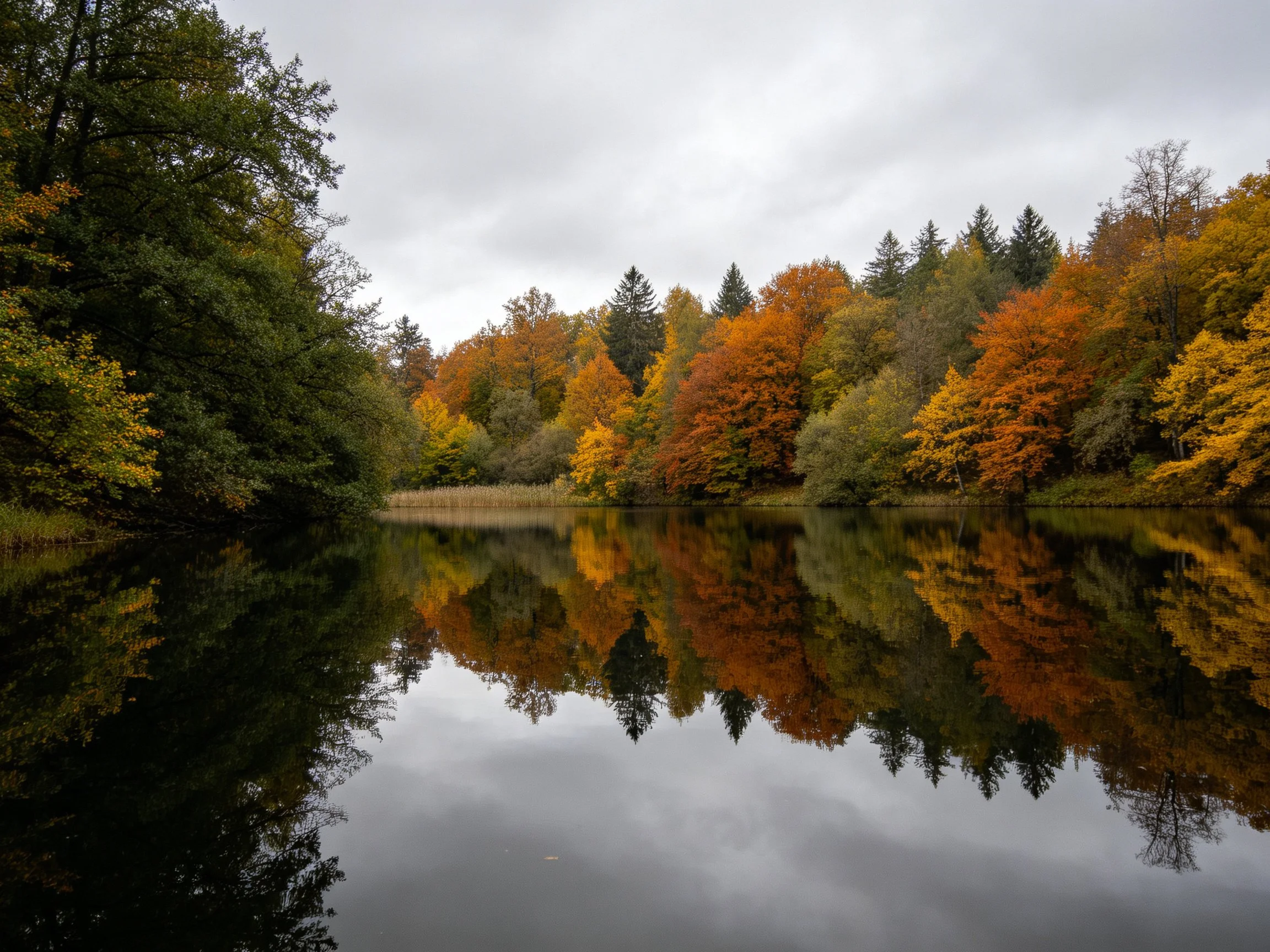 Vibrant autumn trees reflected in still lake waters.