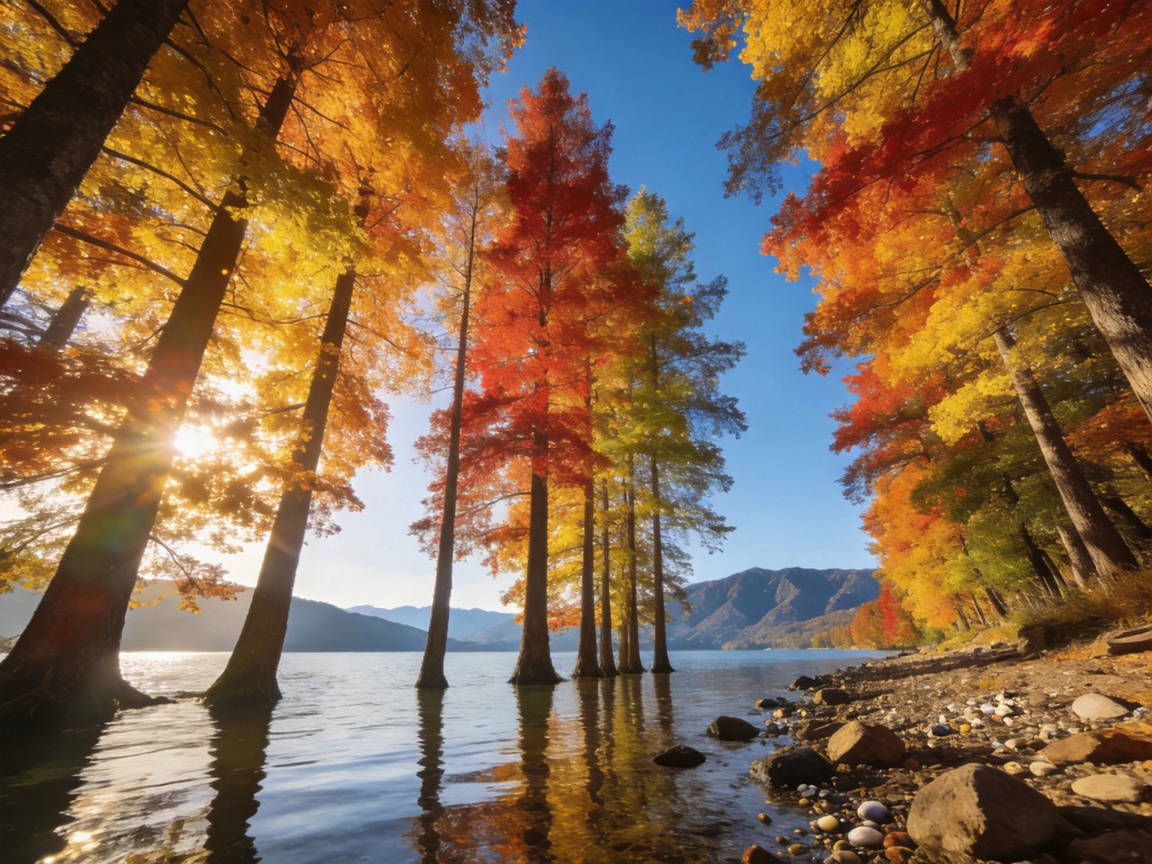 Vibrant autumn trees stand tall by a tranquil lake