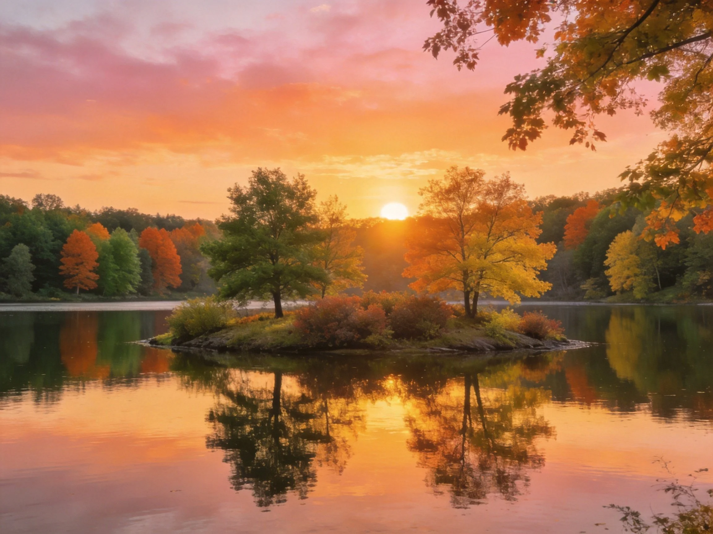 Vibrant autumn trees surround a lakeside island reflecting in calm waters at sunset