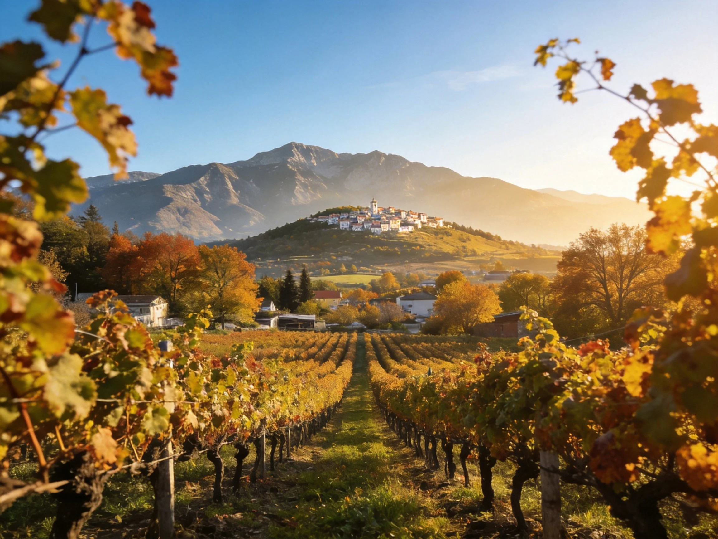 Vibrant autumn vineyard rows lead to hilltop village under golden mountains
